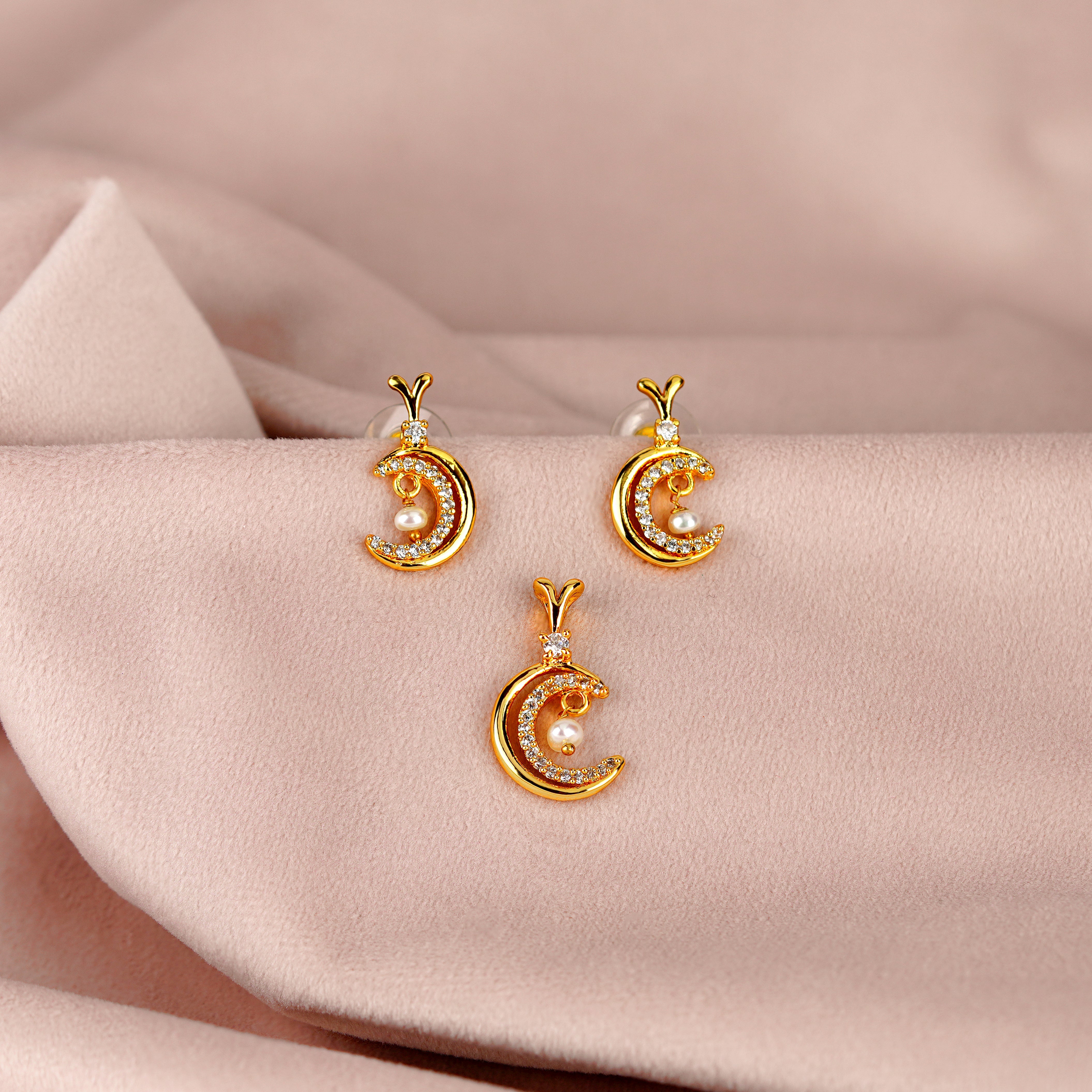 Crescent Pearl Drop Stud Earrings and Pendant - Krishna Jewellers Pearls and Gems