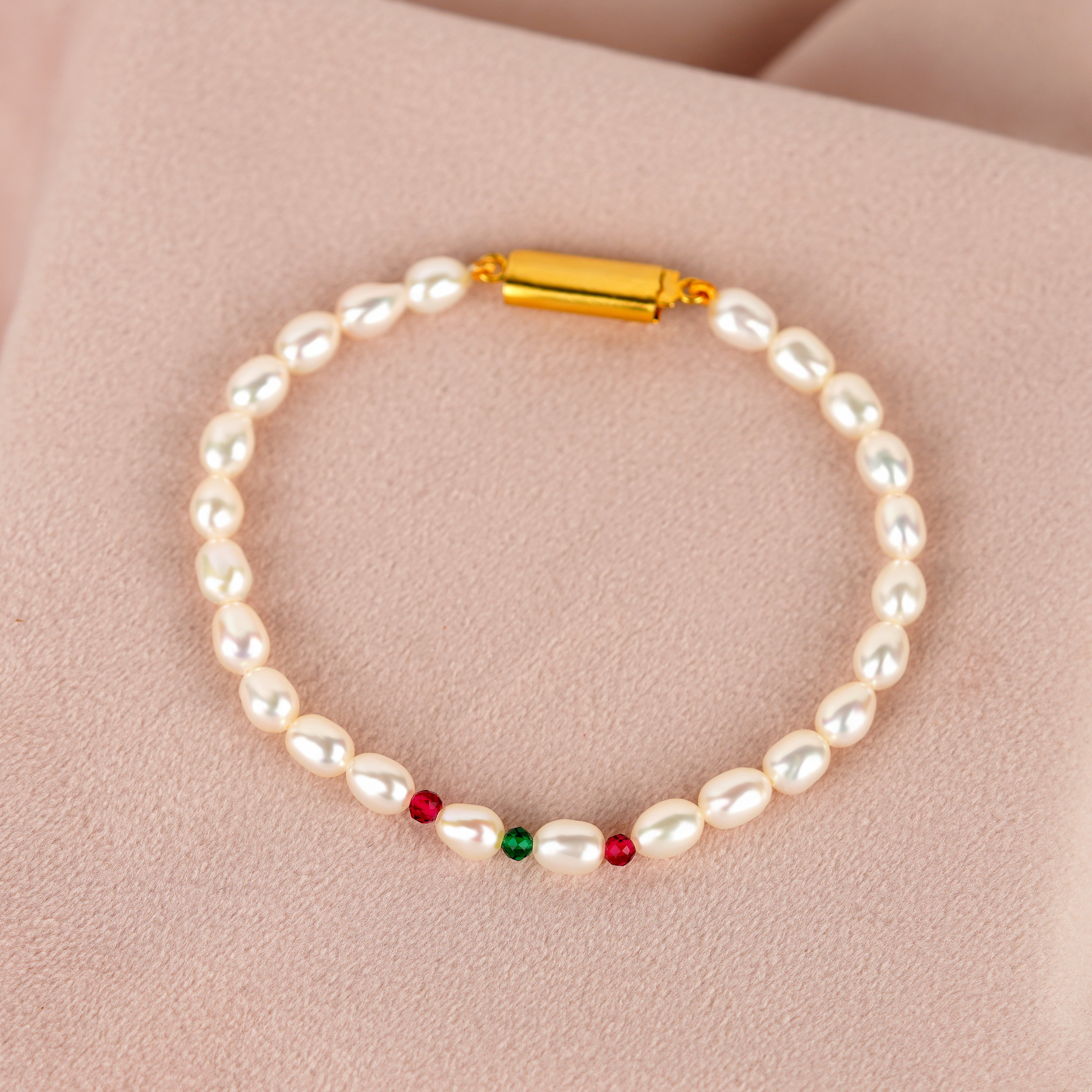 Colorful Gemstone Bracelet with One Strand of Freshwater Rice Pearls - Krishna Pearls