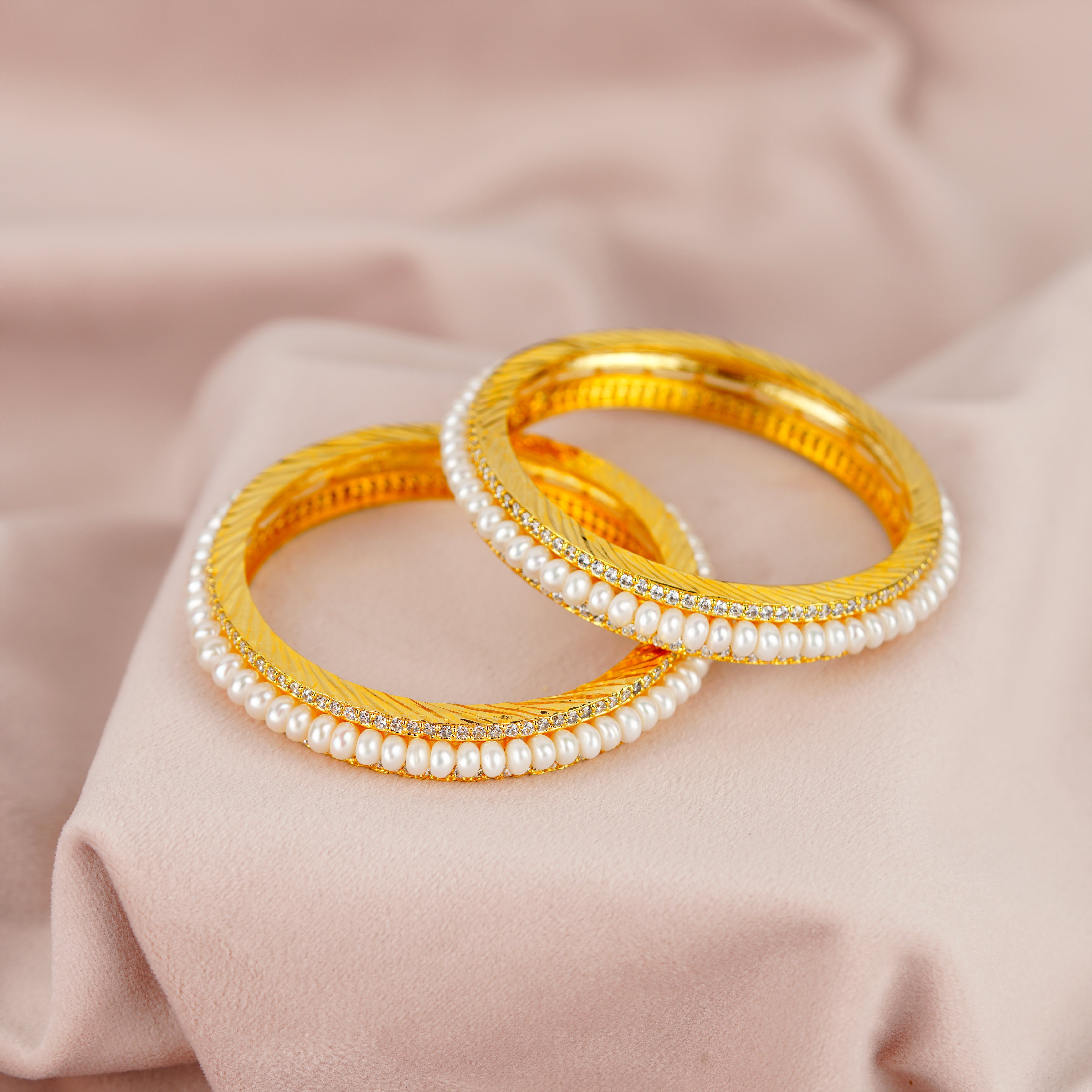 Fresh Water White Button Pearls and CZ Bangles - Krishna Pearls