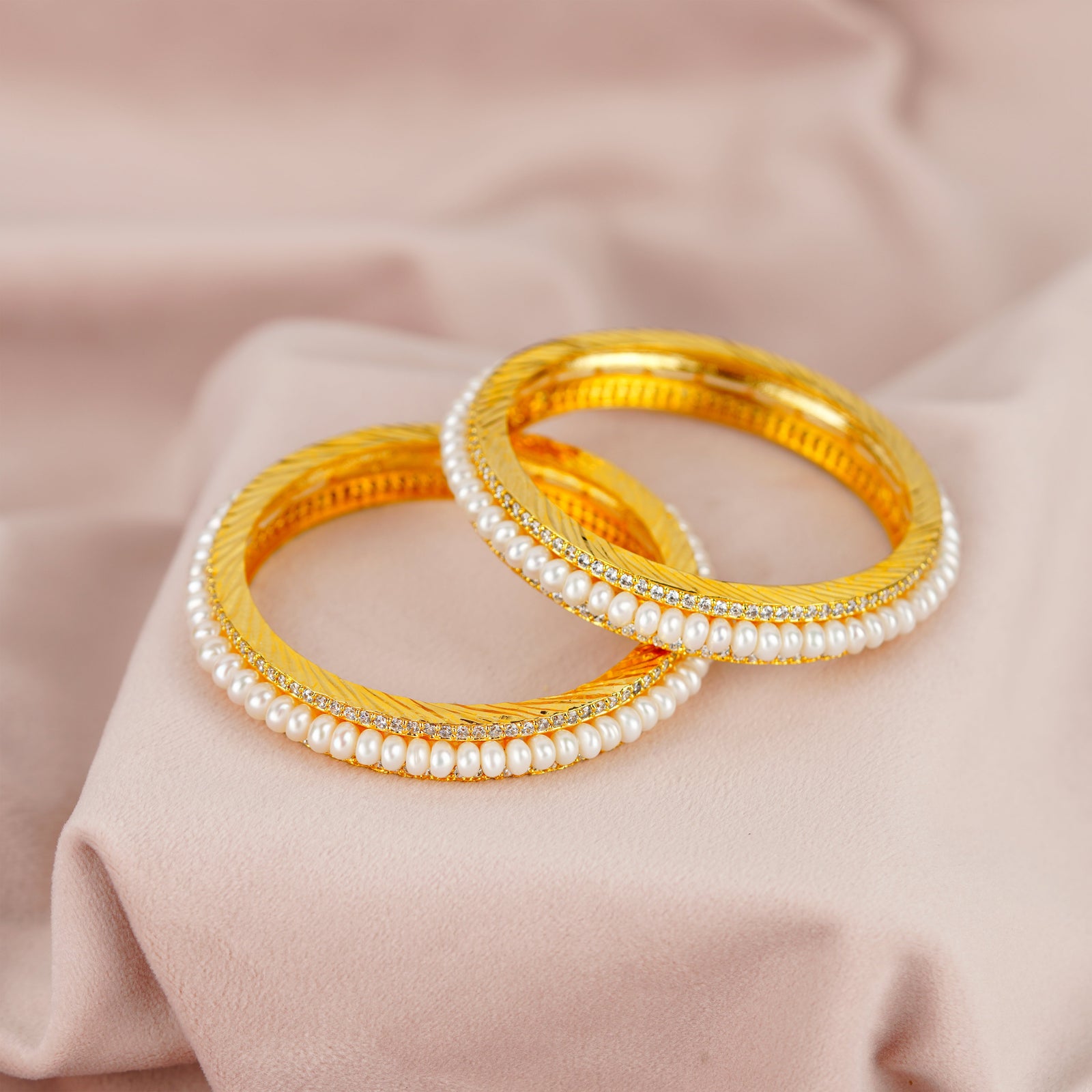 Fresh Water White Button Pearls and CZ Bangles - Krishna Pearls