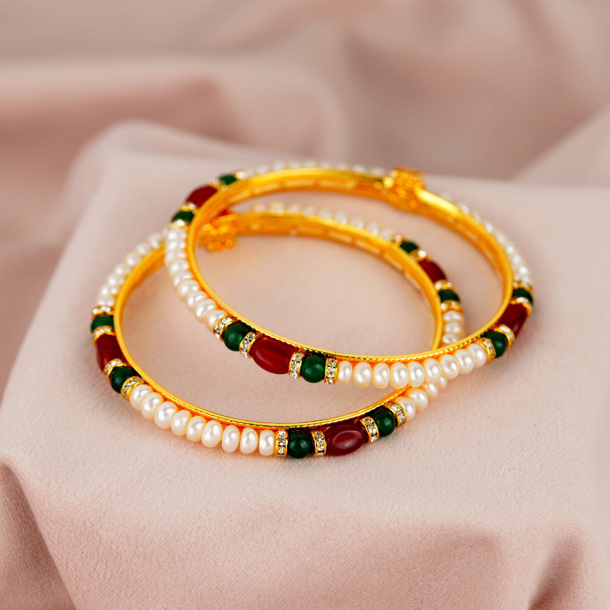 Pearl Bangles set with colored stones and czs - Krishna Pearls