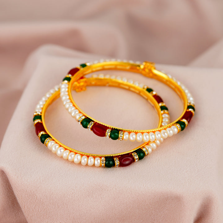 Pearl Bangles set with colored stones and czs - Krishna Pearls