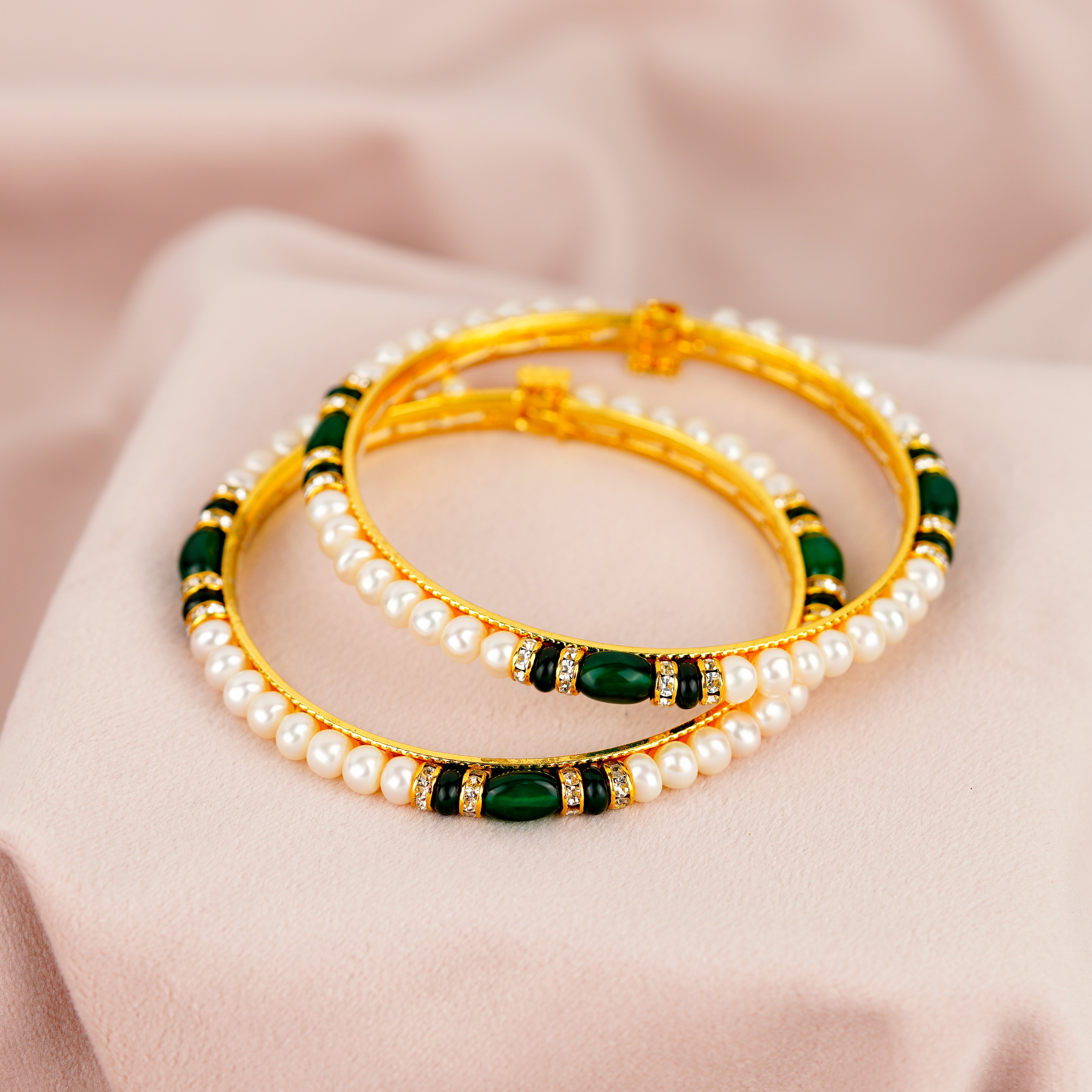 Pearl Bangles set with green and cz stones - Krishna Pearls