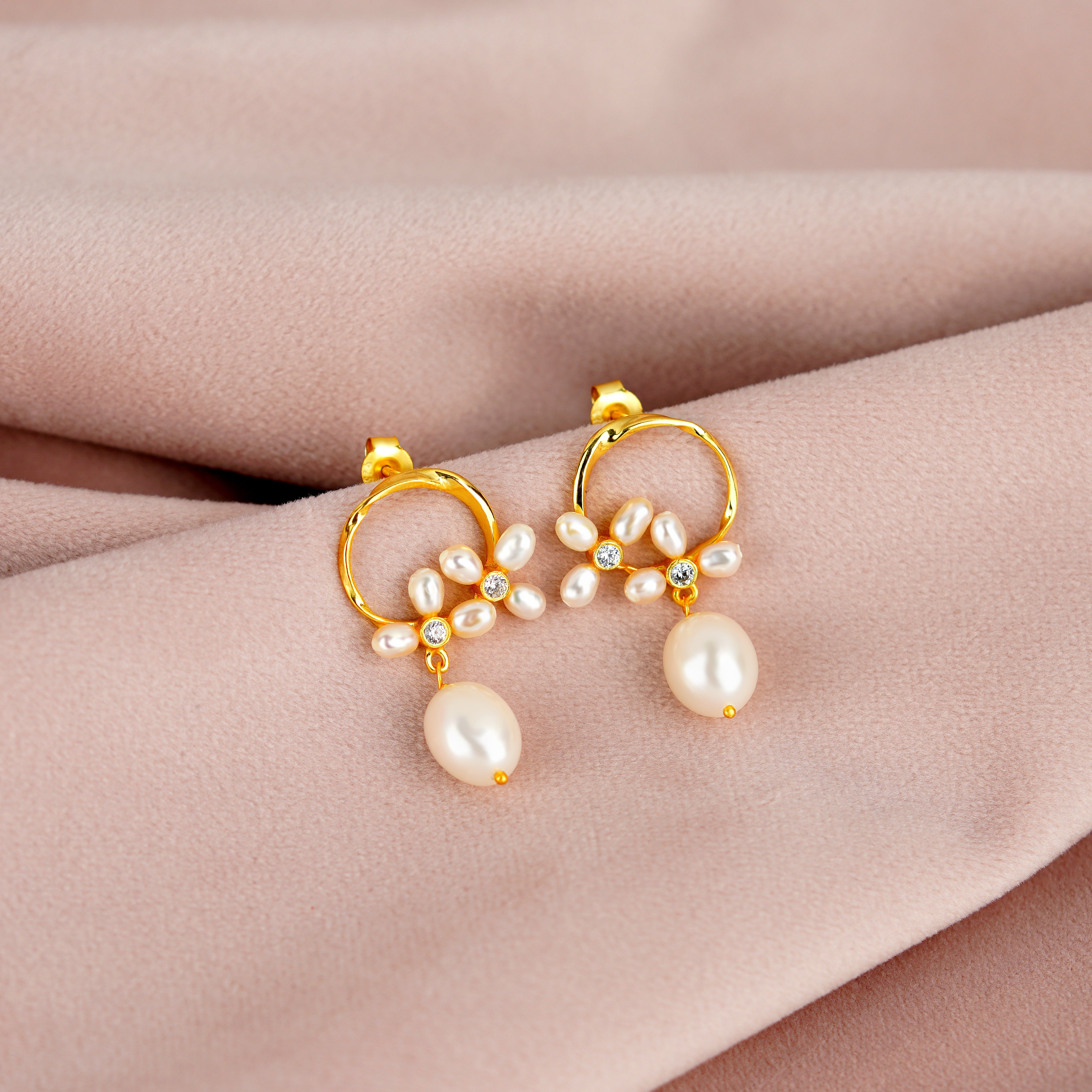 Floral pearl hoop studs - Krishna Jewellers Pearls and Gems