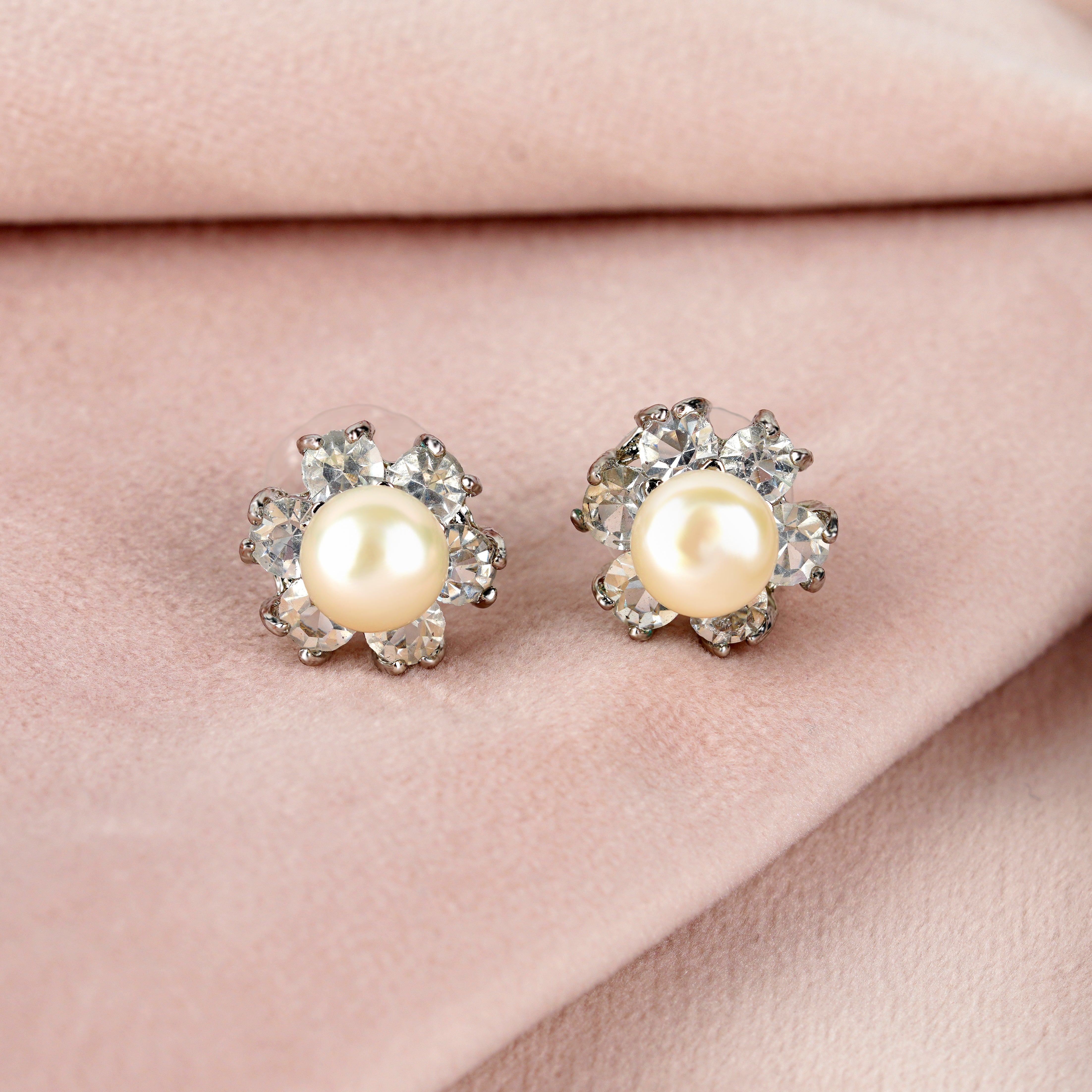 Fresh Water Button Pearl & CZ Stones Earrings - Krishna Jewellers Pearls and Gems