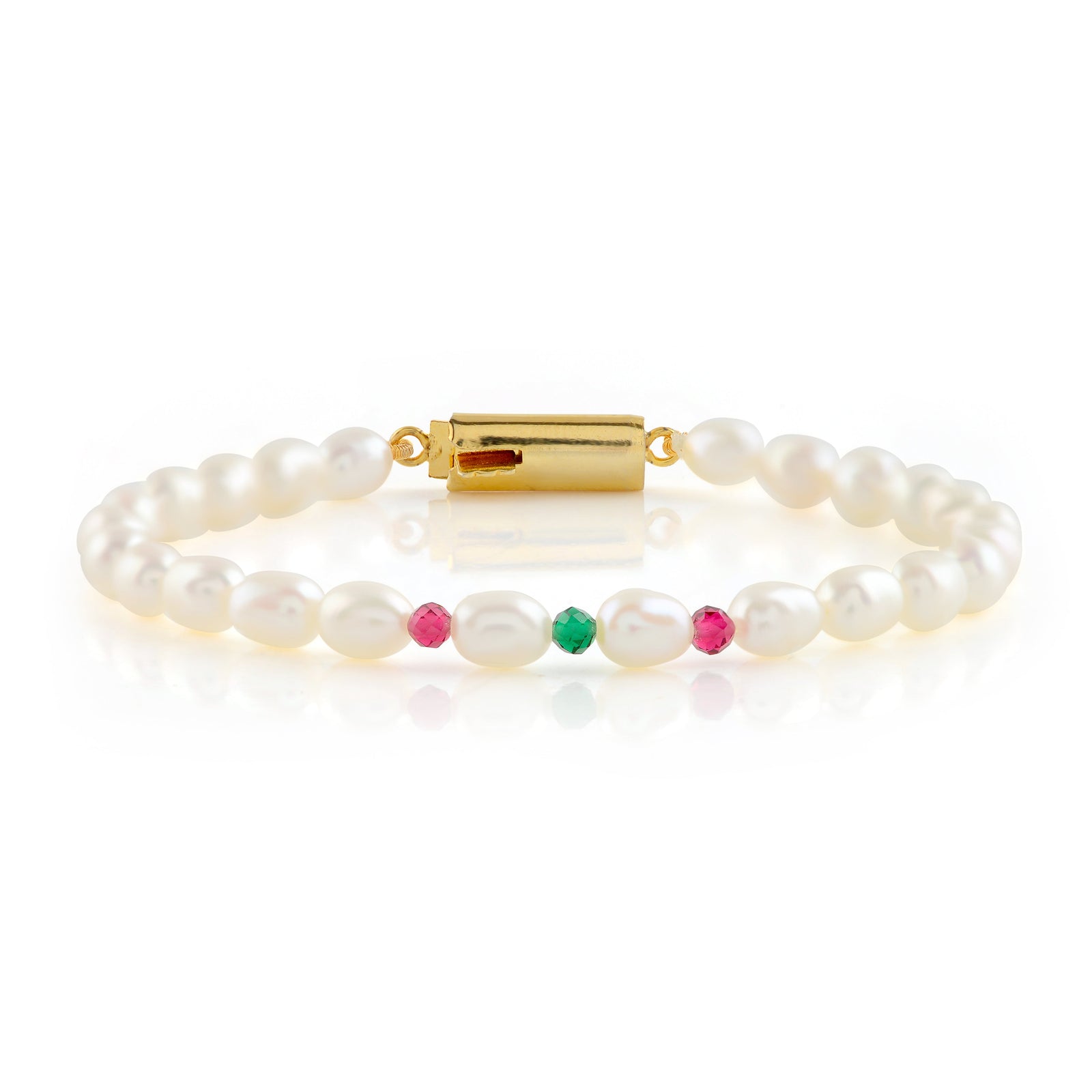Colorful Gemstone Bracelet with One Strand of Freshwater Rice Pearls - Krishna Jewellers Pearls and Gems