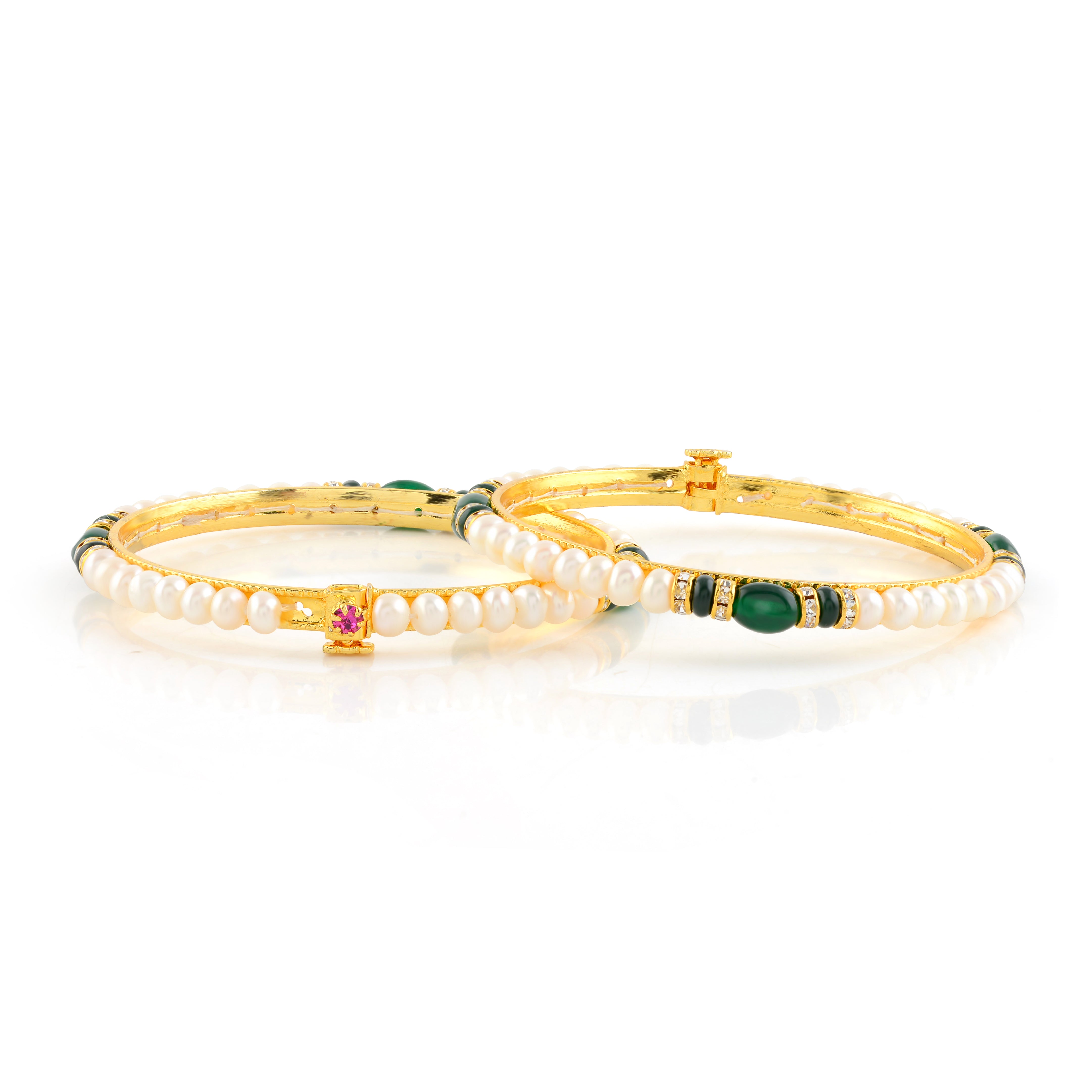 Pearl Bangles set with green and cz stones - Krishna Jewellers Pearls and Gems