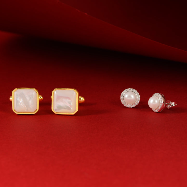 Pearl Emblem Gift Set Pearl Stud Earrings & Square Pearl Cufflinks