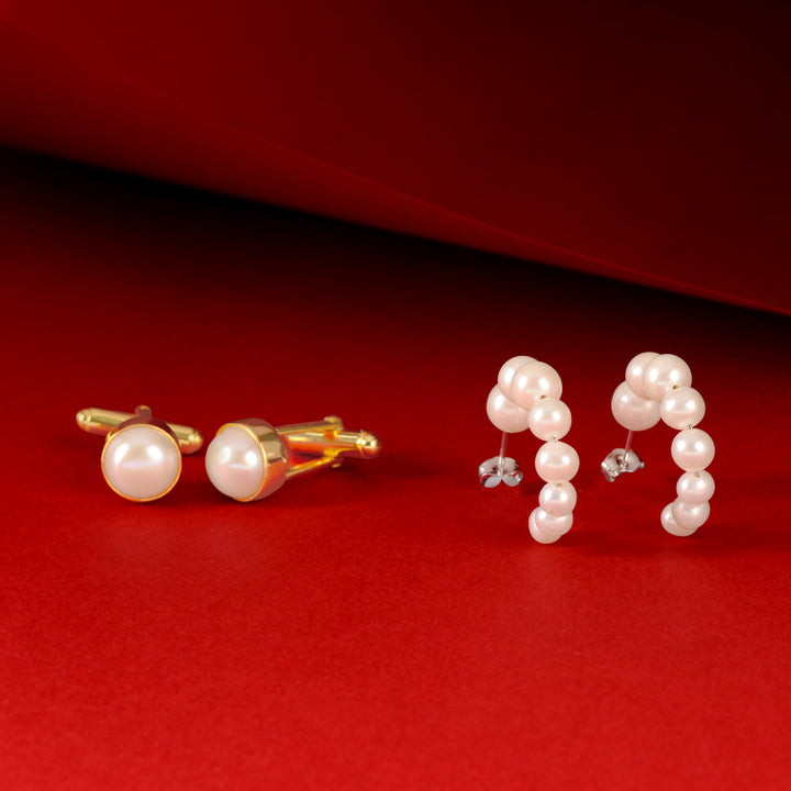 Classic Pearl Round Cufflinks & Pearl Hoop Earrings Set