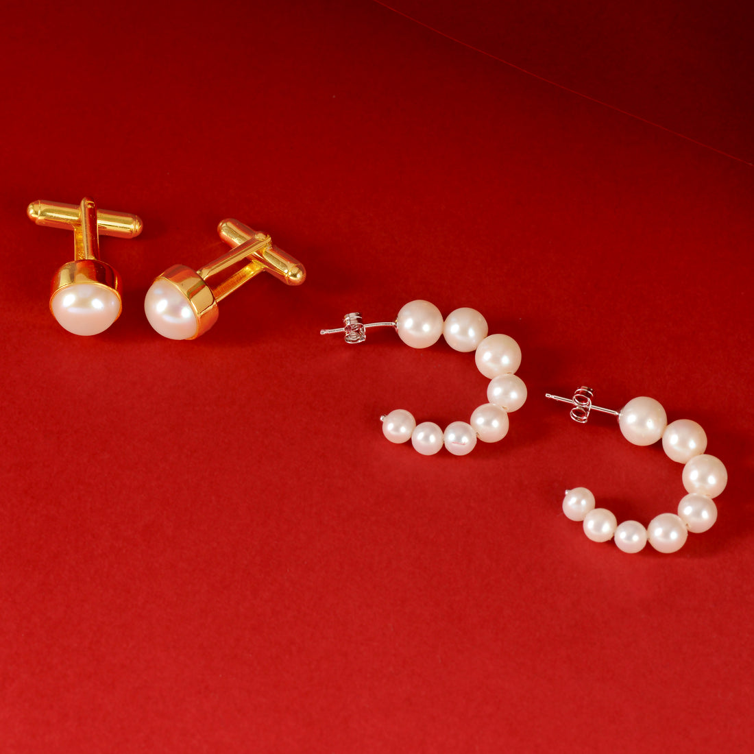 Classic Pearl Round Cufflinks & Pearl Hoop Earrings Set