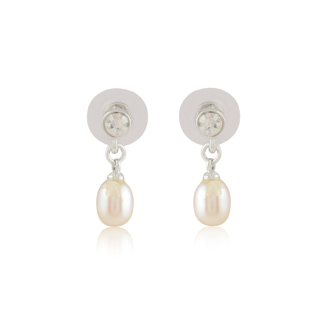 CZ Pearl Drop Danglers (Freshwater Pearl & Stone Drop Earrings in Silver)