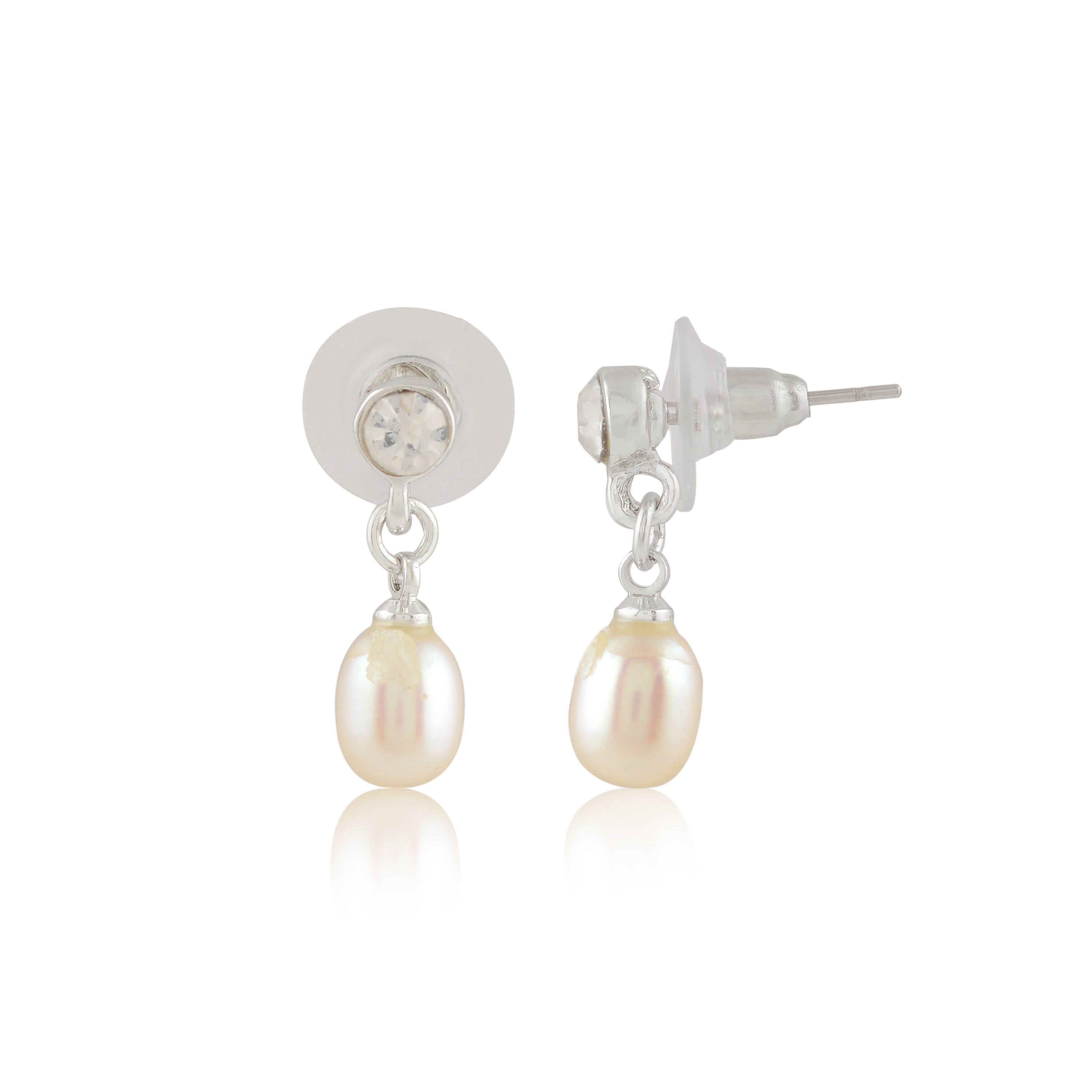 CZ Pearl Drop Danglers (Freshwater Pearl & Stone Drop Earrings in Silver)