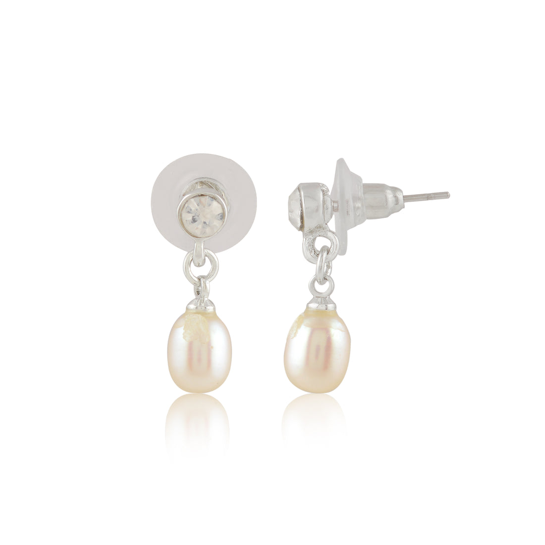 CZ Pearl Drop Danglers (Freshwater Pearl & Stone Drop Earrings in Silver)