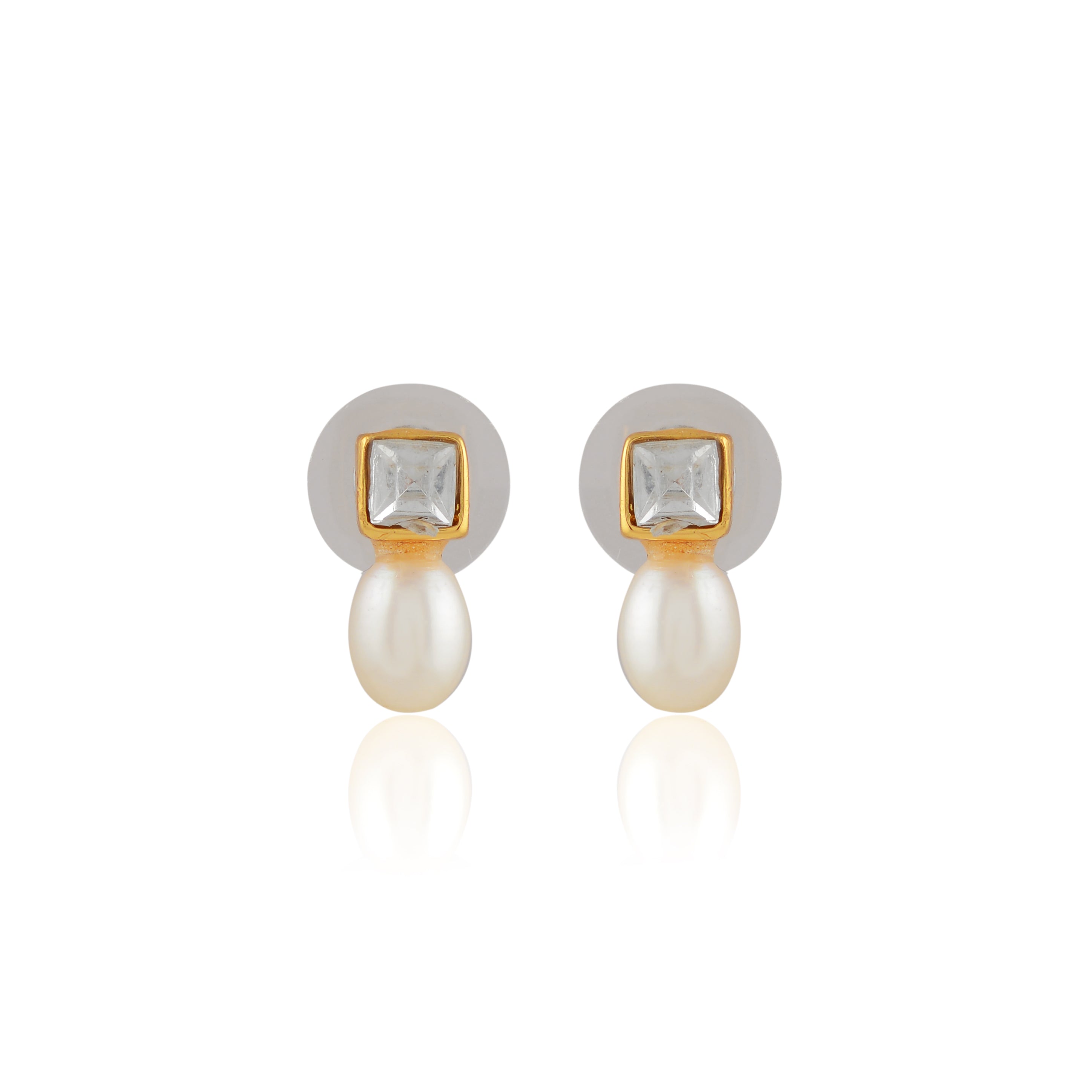 Square Crest Pearl Drop Earrings (Freshwater Pearl Drop Earrings with Gold Finish)