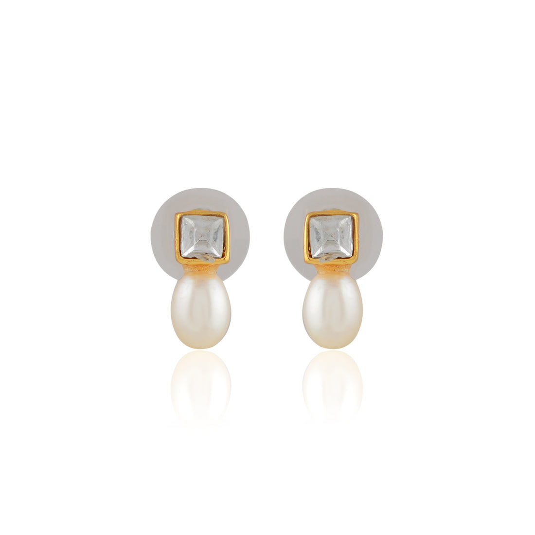 Square Crest Pearl Drop Earrings (Freshwater Pearl Drop Earrings with Gold Finish)
