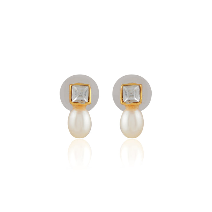 Square Crest Pearl Drop Earrings (Freshwater Pearl Drop Earrings with Gold Finish)