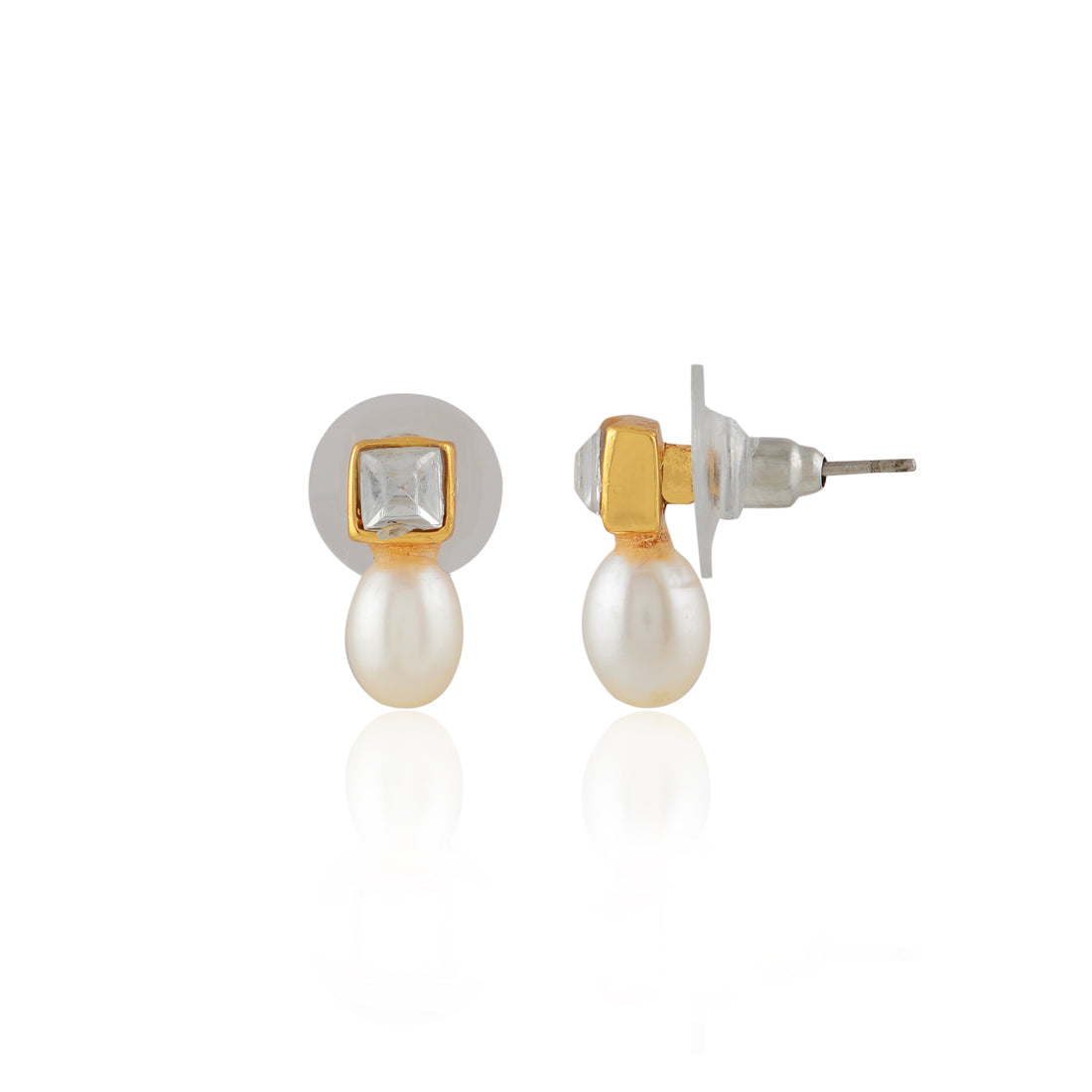 Square Crest Pearl Drop Earrings (Freshwater Pearl Drop Earrings with Gold Finish)