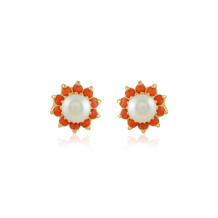 Coral Bloom Pearl Studs (Coral & Freshwater Pearl Stud Earrings)