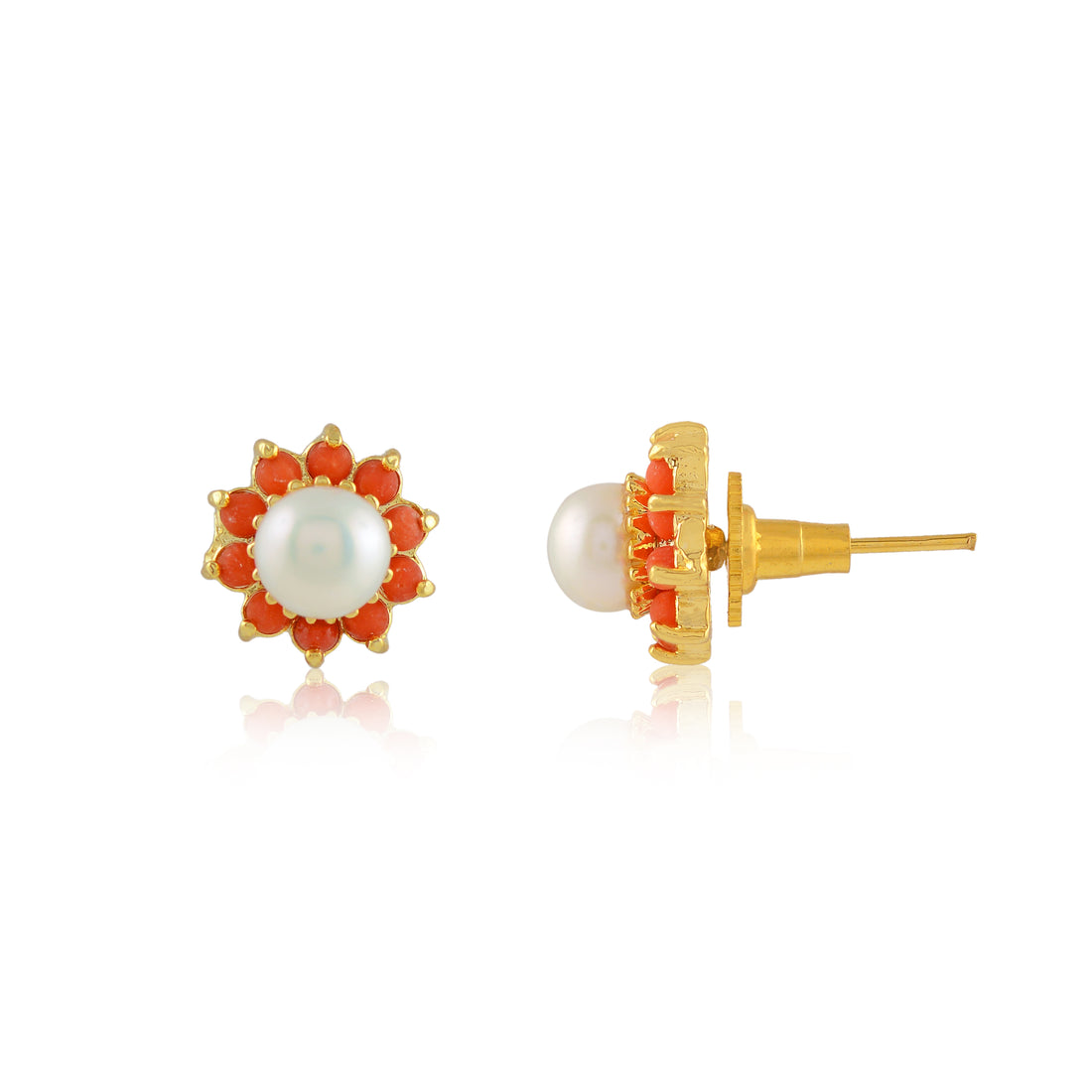 Coral Bloom Pearl Studs (Coral & Freshwater Pearl Stud Earrings)