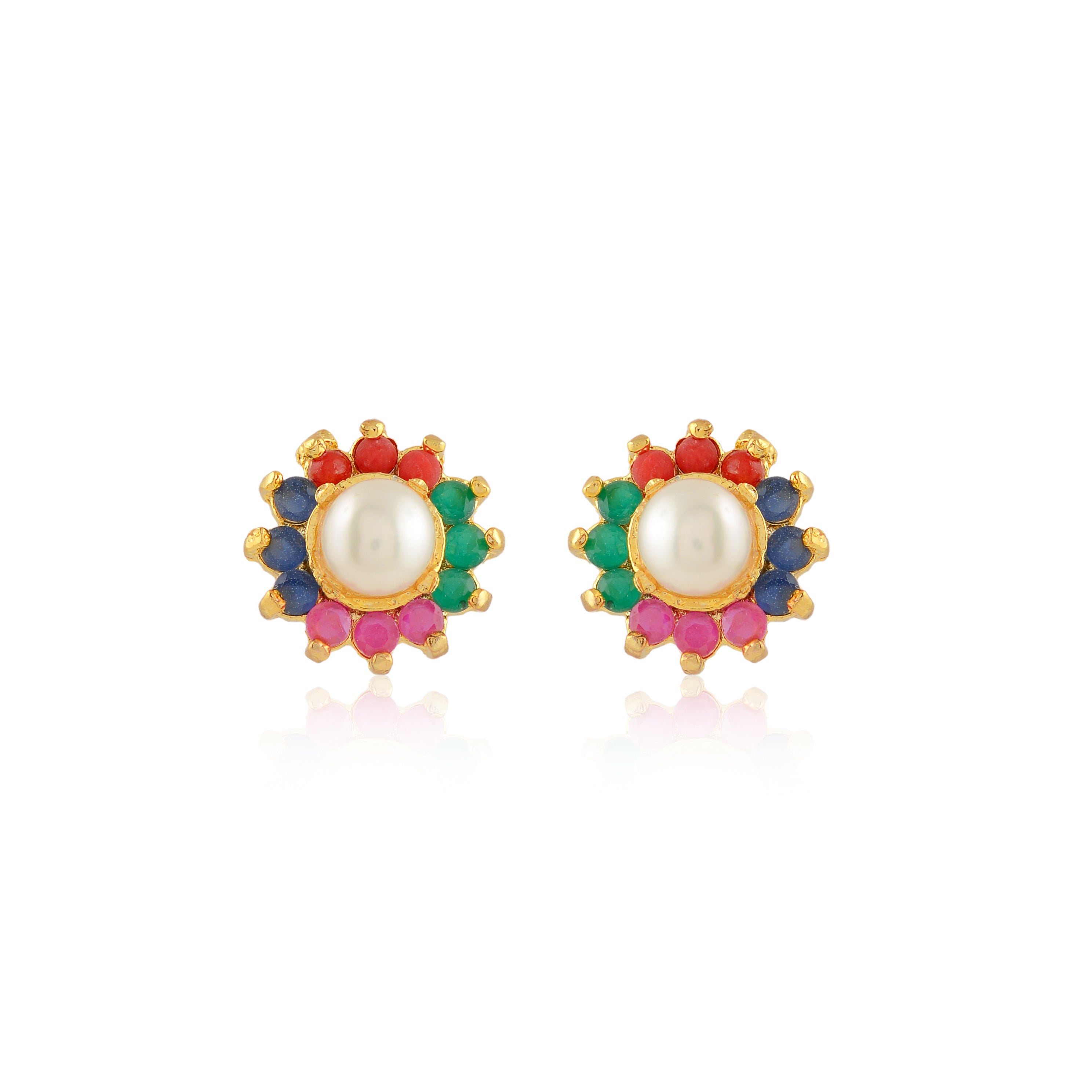 Multicolour Gem-Accented Pearl Stud Earrings (Freshwater Pearl Stud Earrings with Coloured Stone Accents)