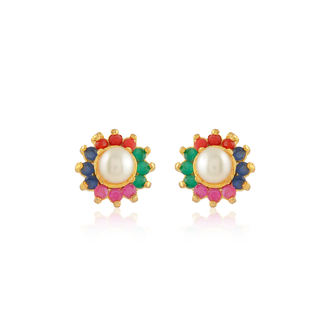 Multicolour Gem-Accented Pearl Stud Earrings (Freshwater Pearl Stud Earrings with Coloured Stone Accents)
