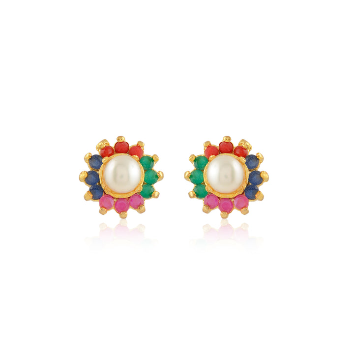 Multicolour Gem-Accented Pearl Stud Earrings (Freshwater Pearl Stud Earrings with Coloured Stone Accents)