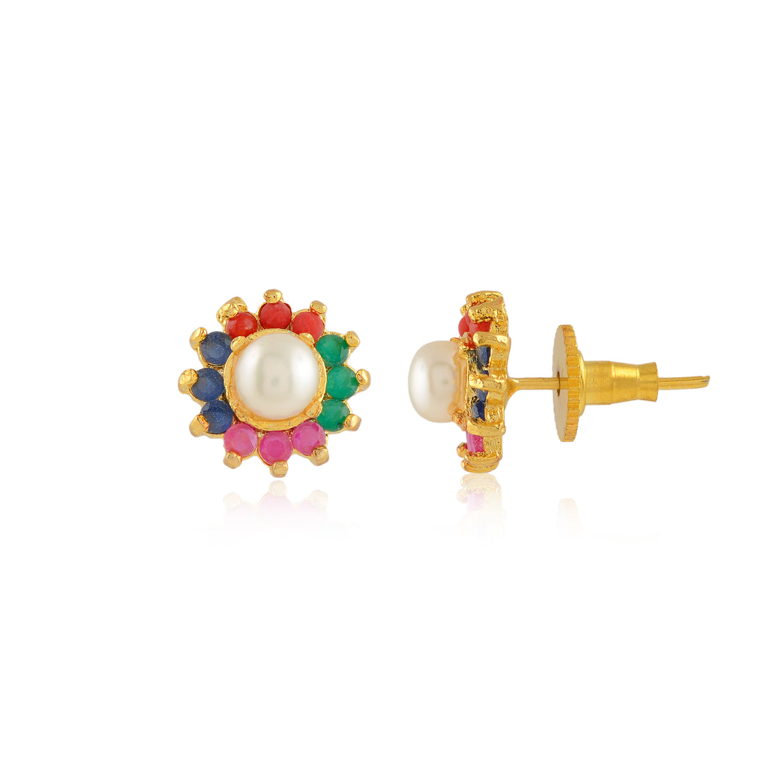Multicolour Gem-Accented Pearl Stud Earrings (Freshwater Pearl Stud Earrings with Coloured Stone Accents)