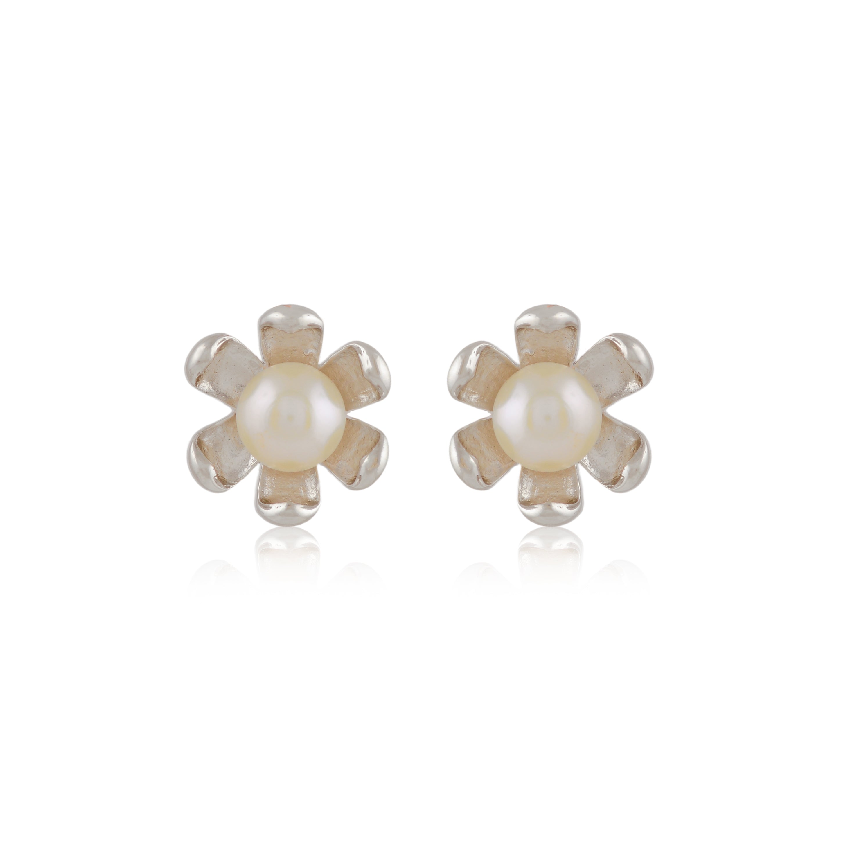 Floral Pearl Stud Earrings in Silver (Freshwater Pearl Floral Stud Earrings)