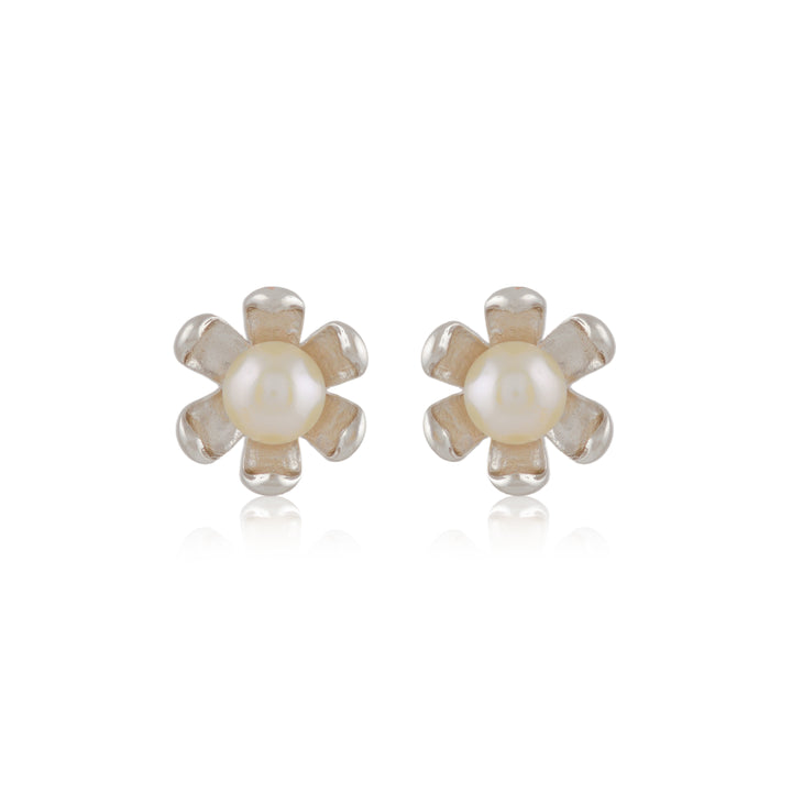 Floral Pearl Stud Earrings in Silver (Freshwater Pearl Floral Stud Earrings)