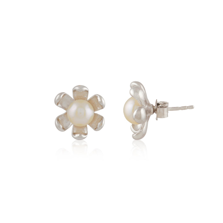 Floral Pearl Stud Earrings in Silver (Freshwater Pearl Floral Stud Earrings)