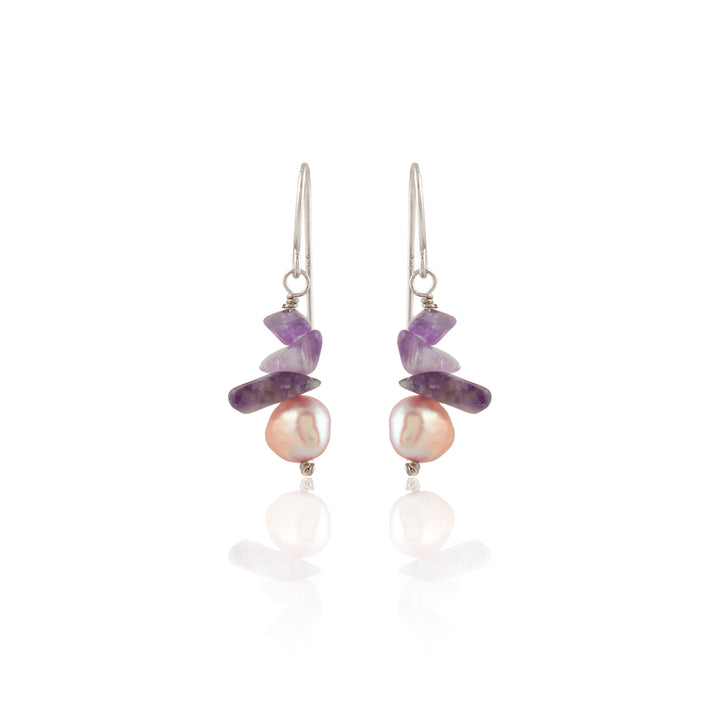 Amethyst Pearl Cascade Earrings (Natural Pearl & Amethyst Hanging Earrings)