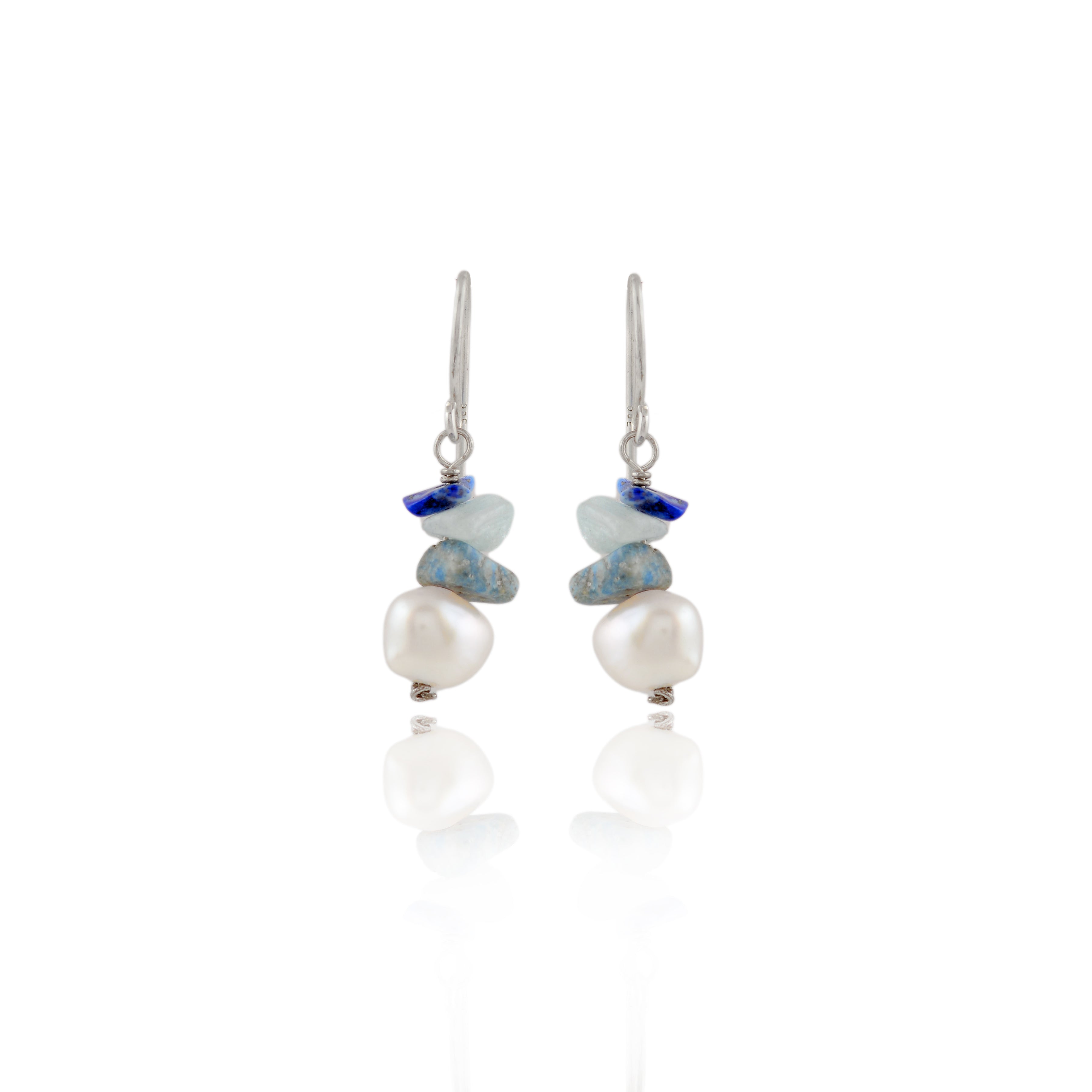 Pearl & Lapis Lazuli J-Hoop Earrings ( Uneven Freshwater Pearl & lapis lazuli Earrings in Silver)