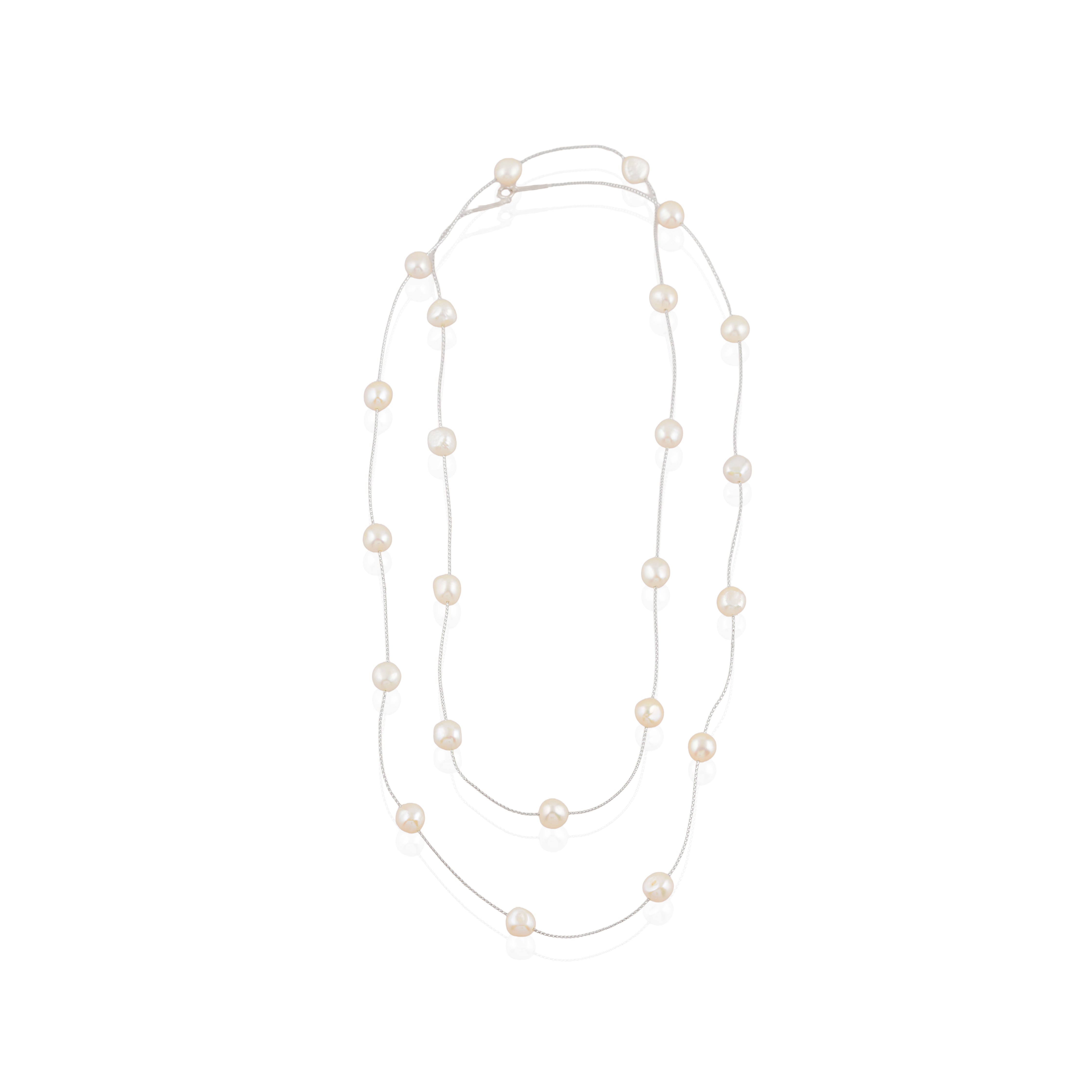 Grey Baroque Pearl Station Necklace (Feshwater Baroque Pearls on Silver Chain)