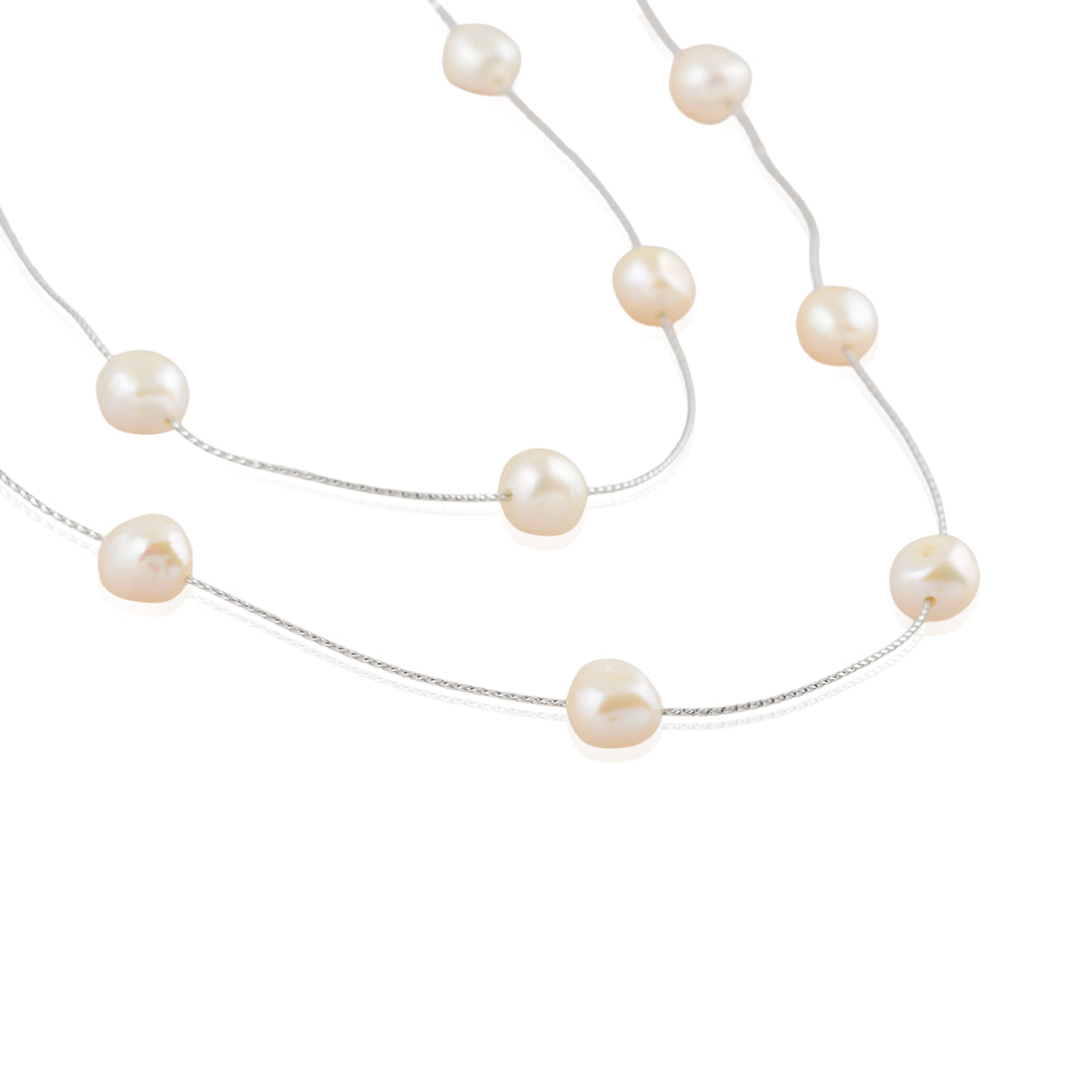 Grey Baroque Pearl Station Necklace (Feshwater Baroque Pearls on Silver Chain)