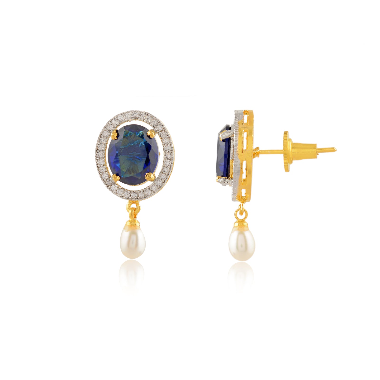 Sitaara Pearl Choker Set (Freshwater Pearl Choker & Earrings Set with Blue Stone Accents)