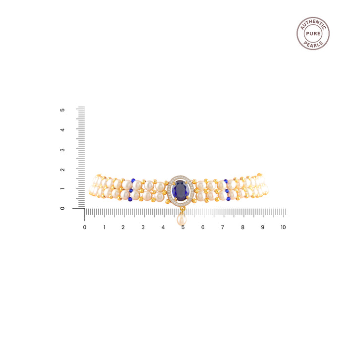 Sitaara Pearl Choker Set (Freshwater Pearl Choker & Earrings Set with Blue Stone Accents)