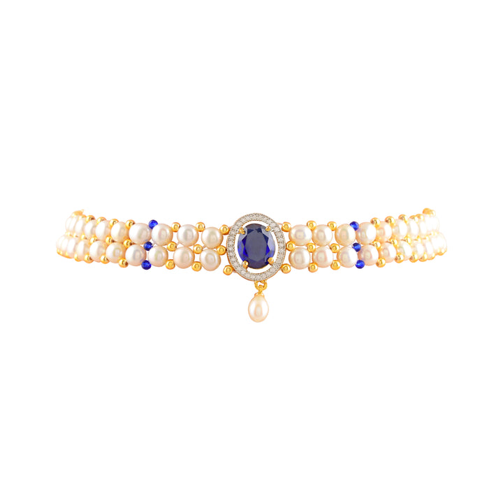 Sitaara Pearl Choker Set (Freshwater Pearl Choker & Earrings Set with Blue Stone Accents)