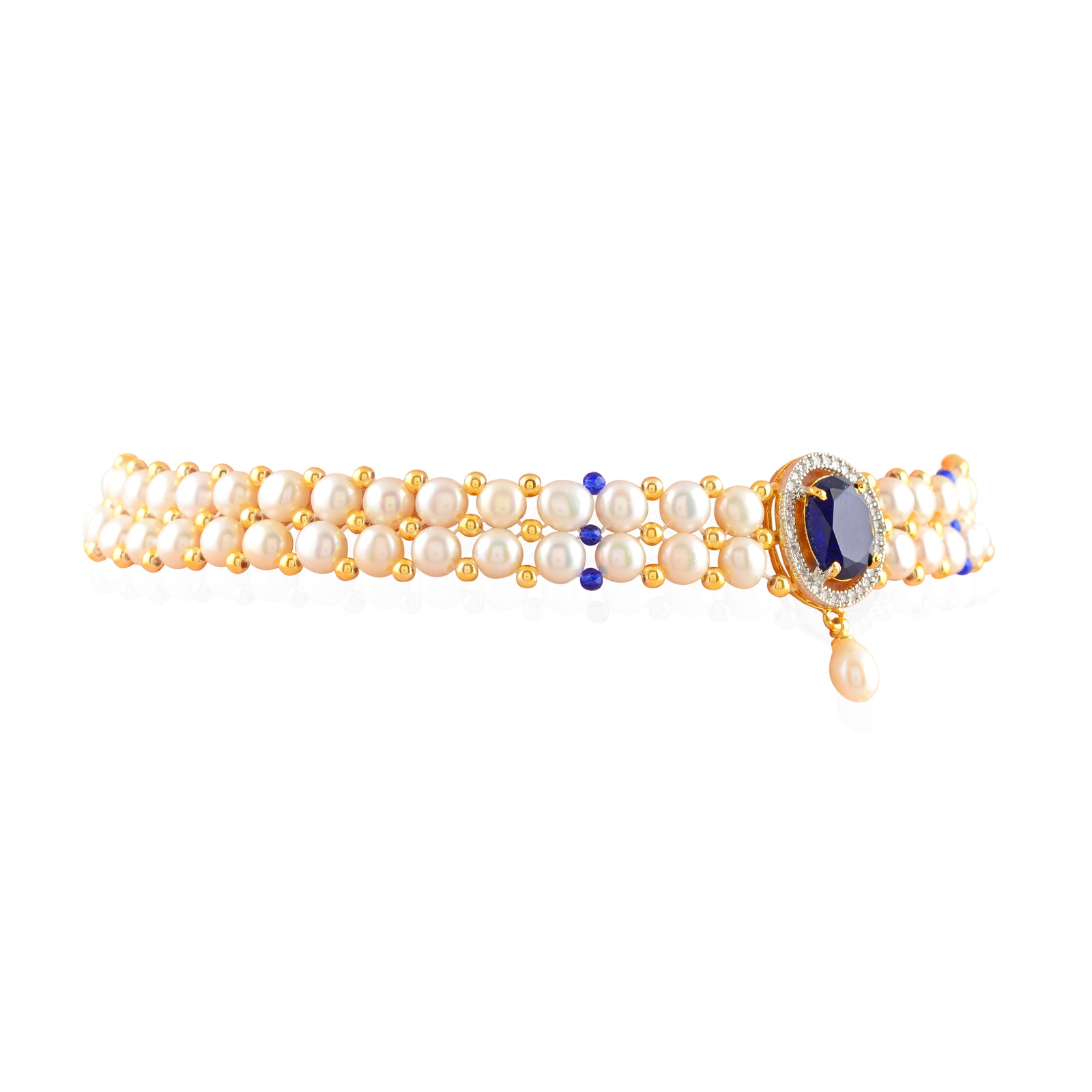 Sitaara Pearl Choker Set (Freshwater Pearl Choker & Earrings Set with Blue Stone Accents)