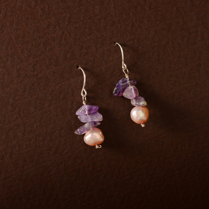 Amethyst Pearl Cascade Earrings (Natural Pearl & Amethyst Hanging Earrings)