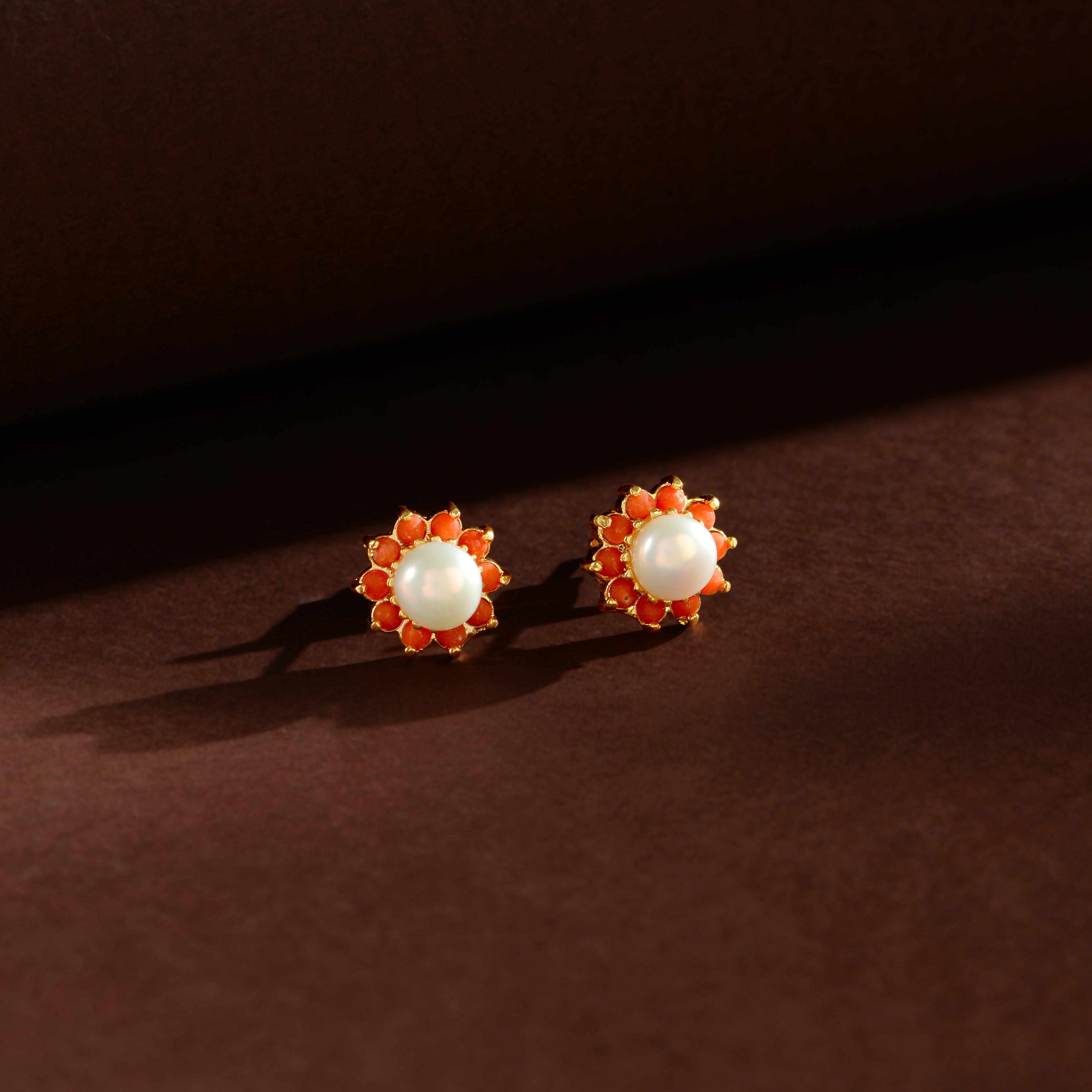 Coral Bloom Pearl Studs (Coral & Freshwater Pearl Stud Earrings)