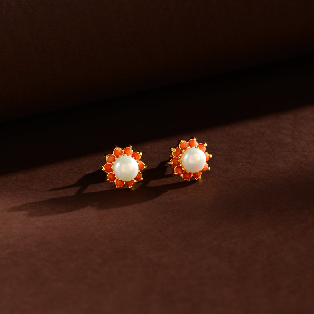 Coral Bloom Pearl Studs (Coral & Freshwater Pearl Stud Earrings)