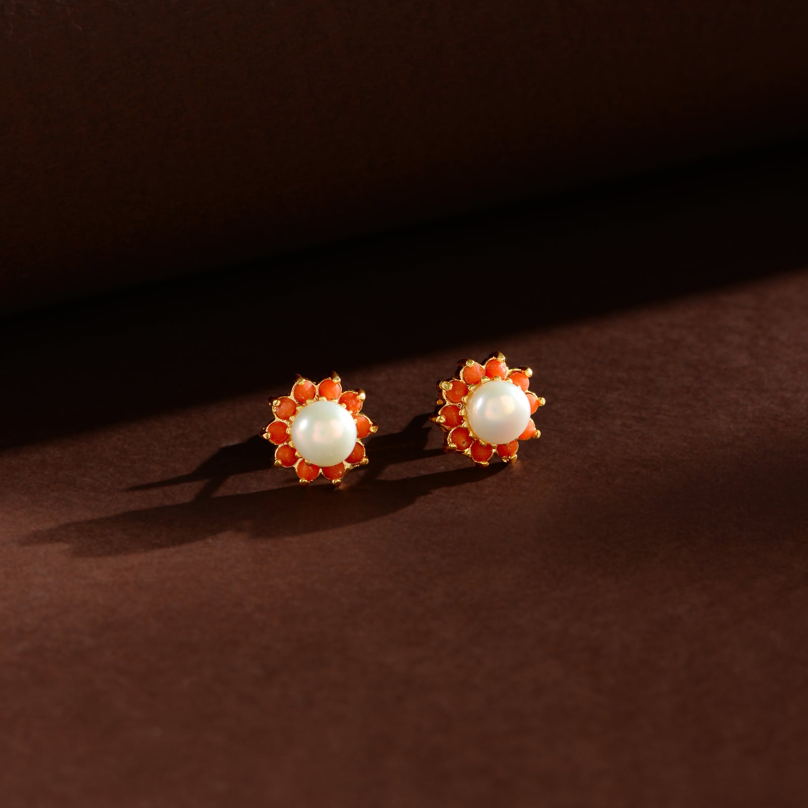 Coral Bloom Pearl Studs (Coral & Freshwater Pearl Stud Earrings)