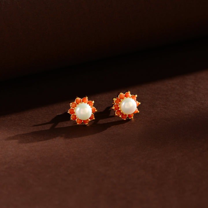 Coral Bloom Pearl Studs (Coral & Freshwater Pearl Stud Earrings)