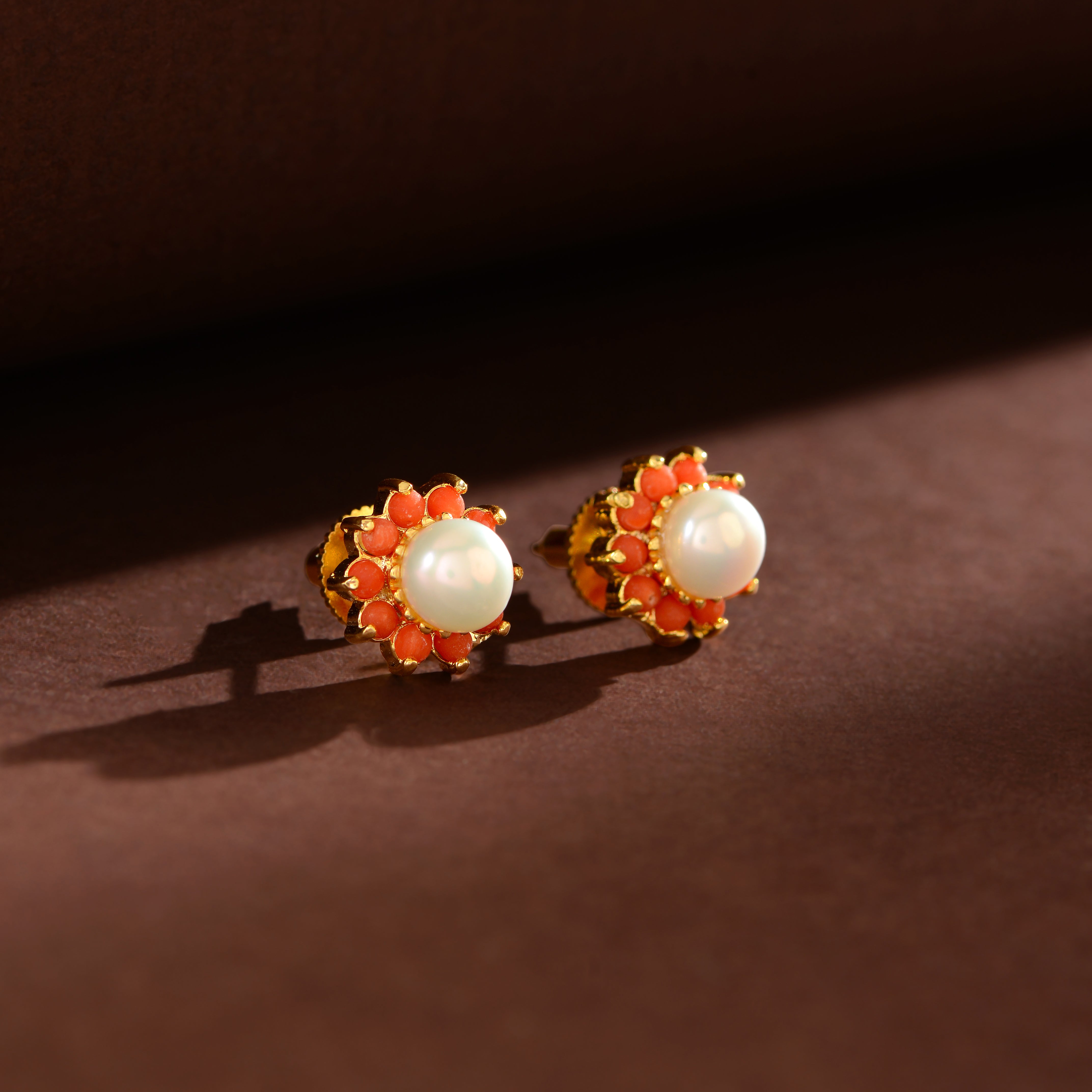 Coral Bloom Pearl Studs (Coral & Freshwater Pearl Stud Earrings)