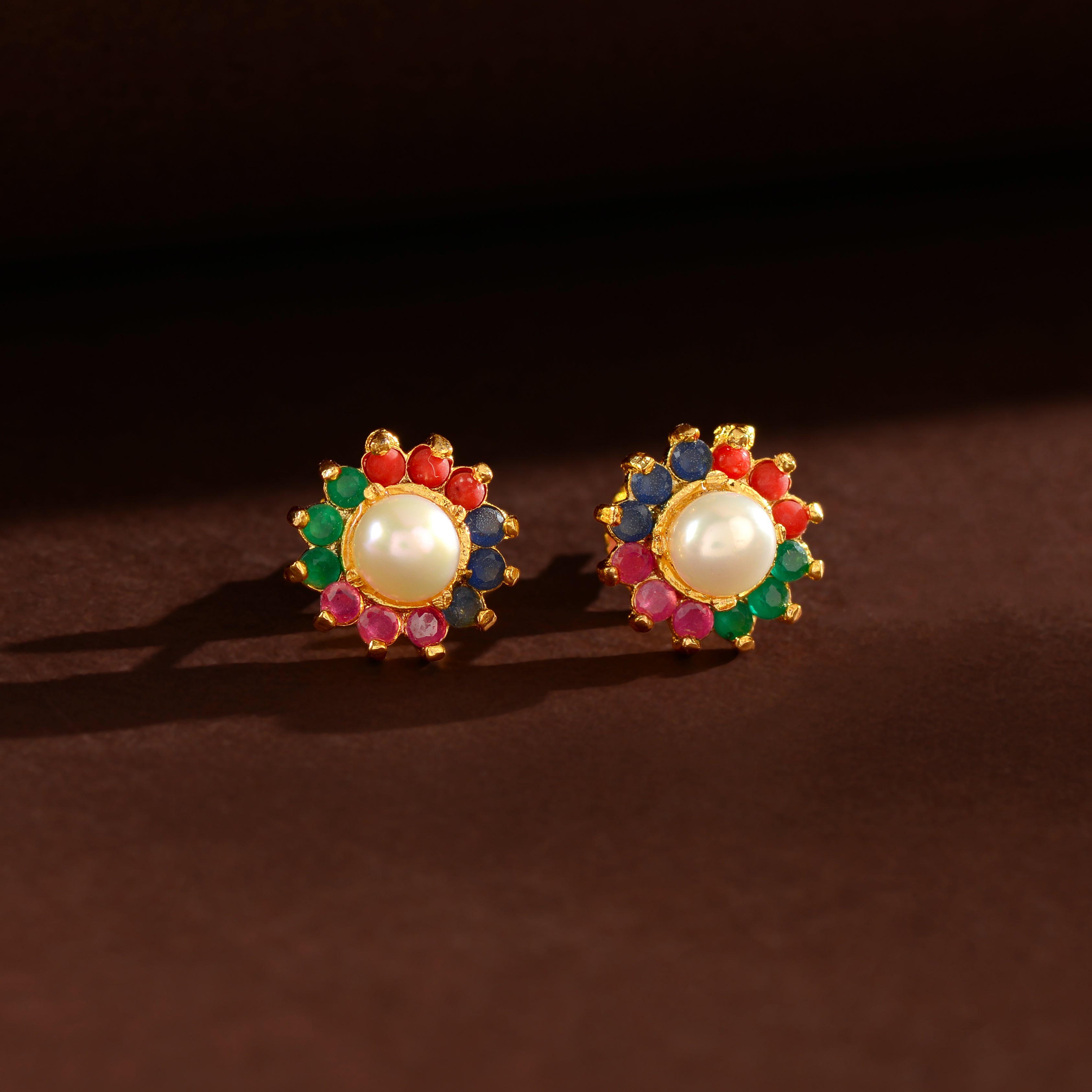 Multicolour Gem-Accented Pearl Stud Earrings (Freshwater Pearl Stud Earrings with Coloured Stone Accents)