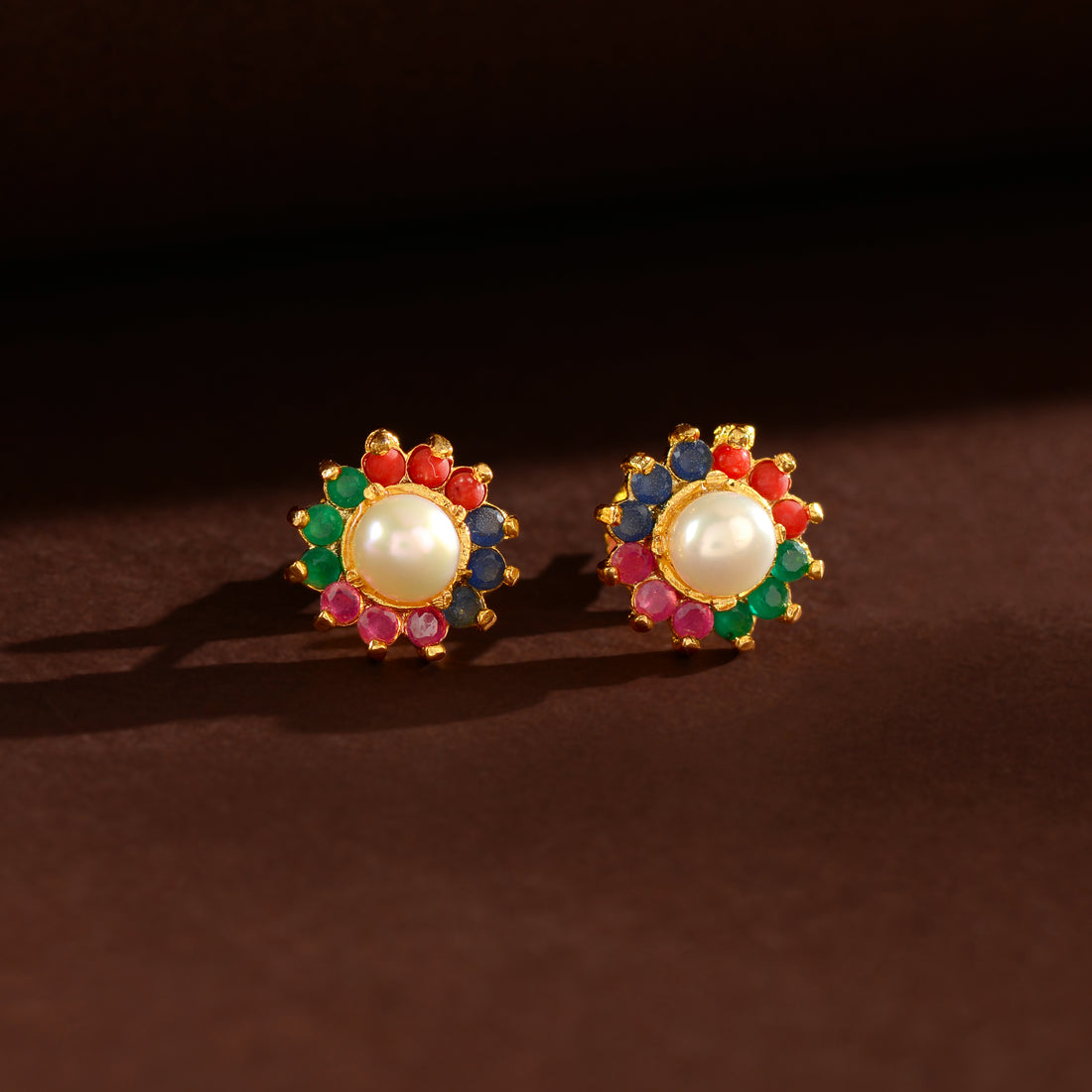 Multicolour Gem-Accented Pearl Stud Earrings (Freshwater Pearl Stud Earrings with Coloured Stone Accents)