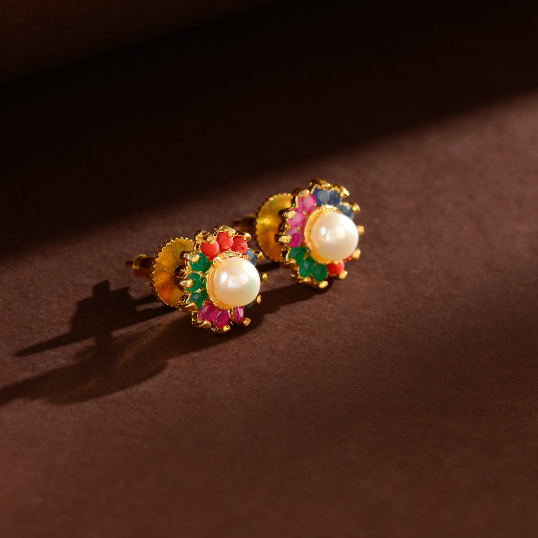 Multicolour Gem-Accented Pearl Stud Earrings (Freshwater Pearl Stud Earrings with Coloured Stone Accents)