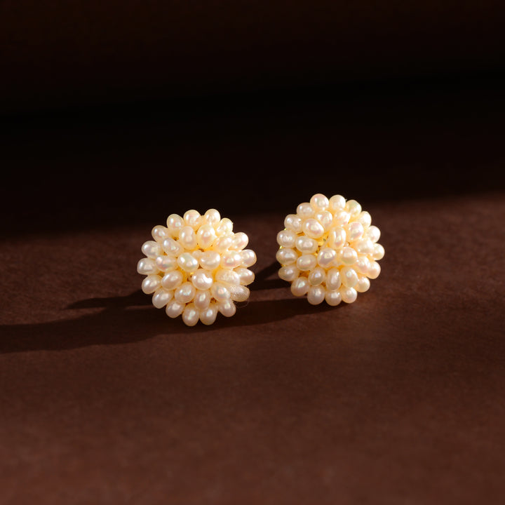 Ivory Bloom Pearl Stud Earrings (Handcrafted Freshwater Pearl Stud Earrings)