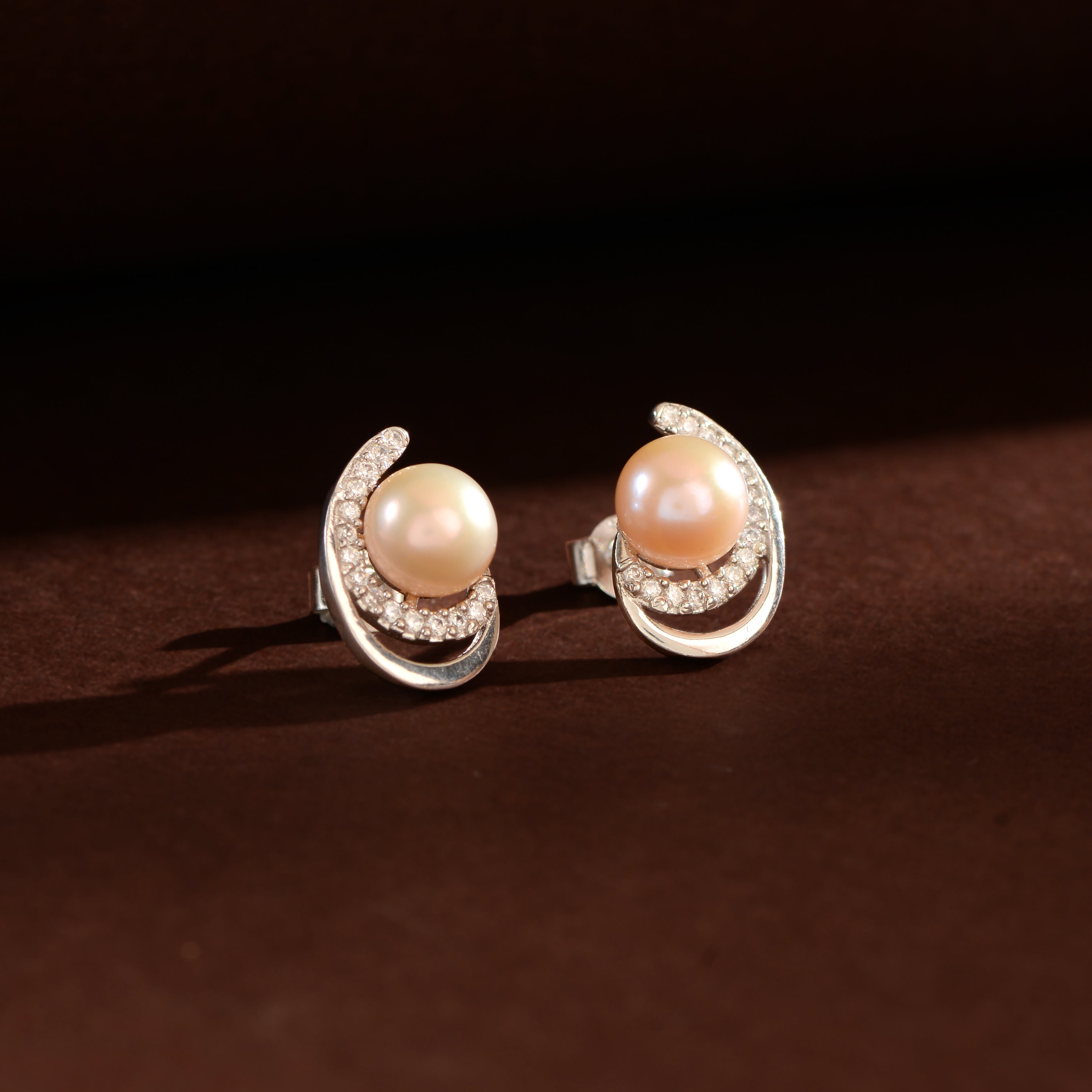 Blush Crescent Pearl Studs (Pink Freshwater Pearl Stud Earrings in Silver)