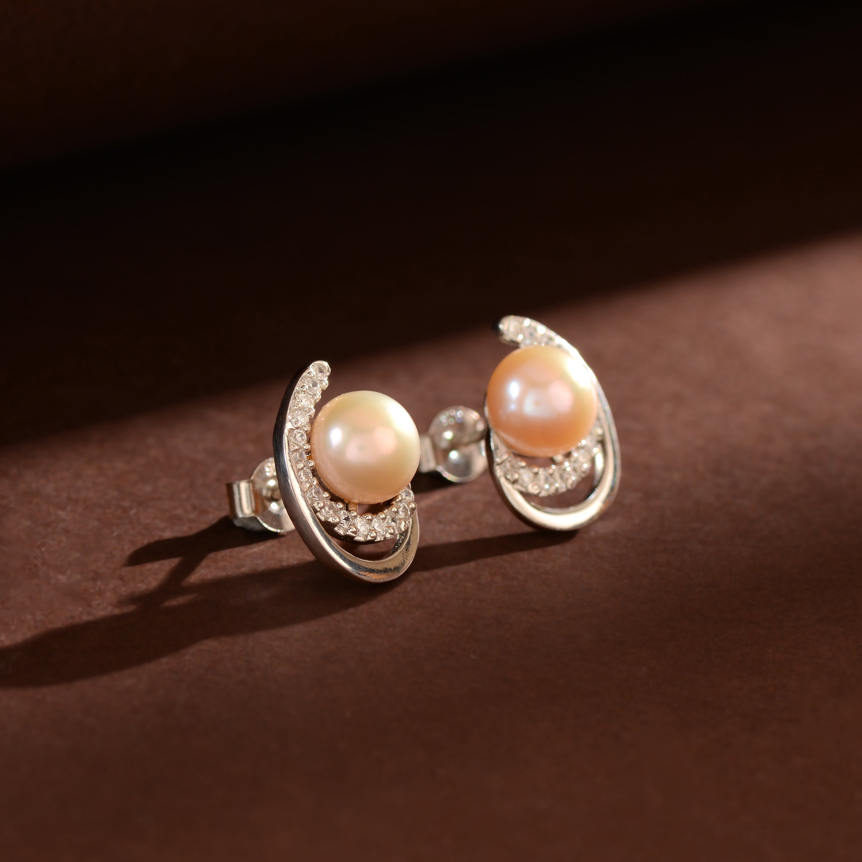Blush Crescent Pearl Studs (Pink Freshwater Pearl Stud Earrings in Silver)